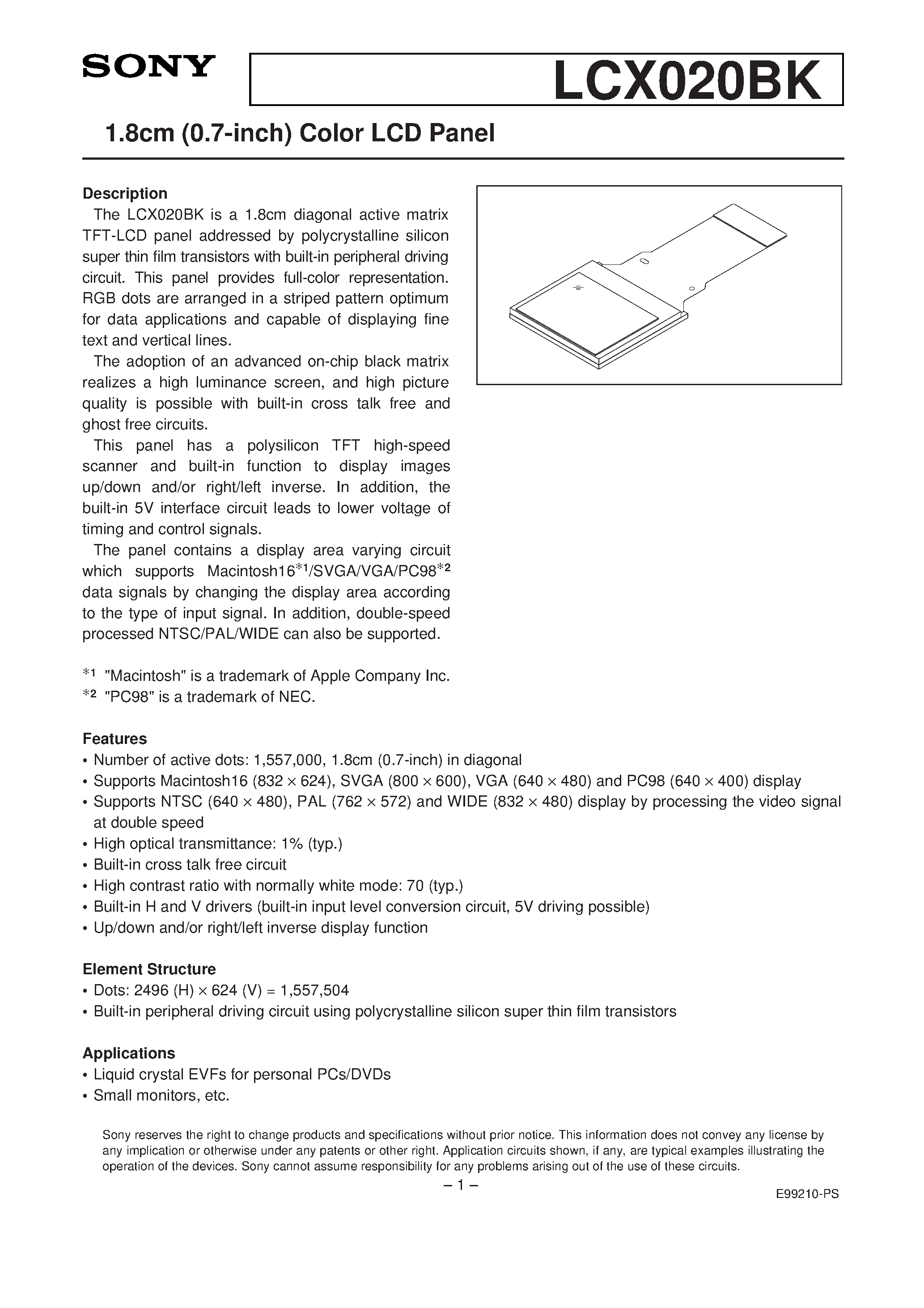 Datasheet LCX020 - 1.8cm (0.7-inch) Color LCD Panel page 1