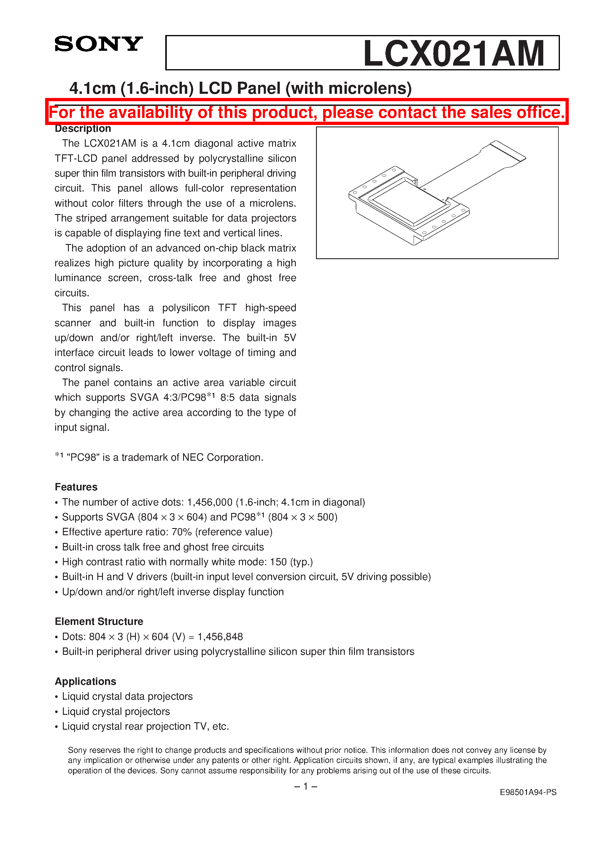 Datasheet LCX021 - 4.1cm (1.6-inch) LCD Panel (with microlens) page 1