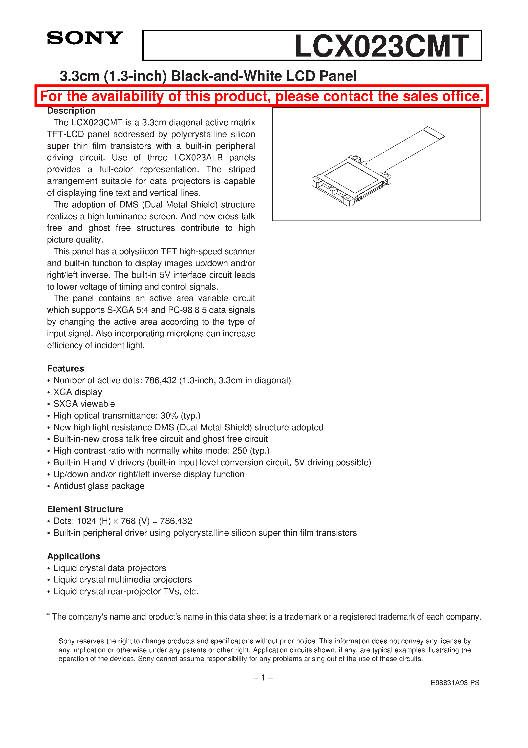 Datasheet LCX023CMT - 3.3cm (1.3-inch) Black-and-White LCD Panel page 1