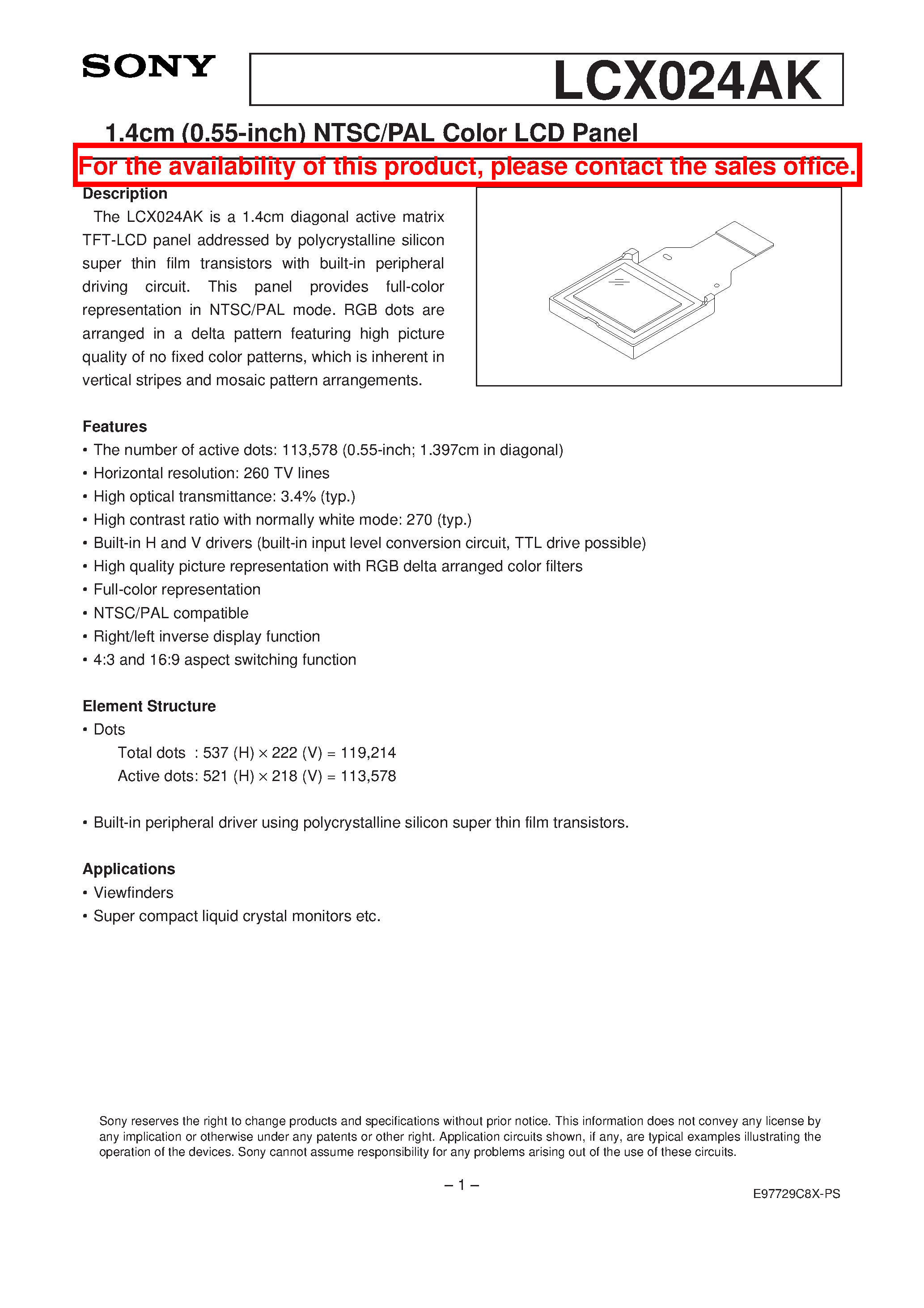 Datasheet LCX024 - 1.4cm (0.55-inch) NTSC/PAL Color LCD Panel page 1