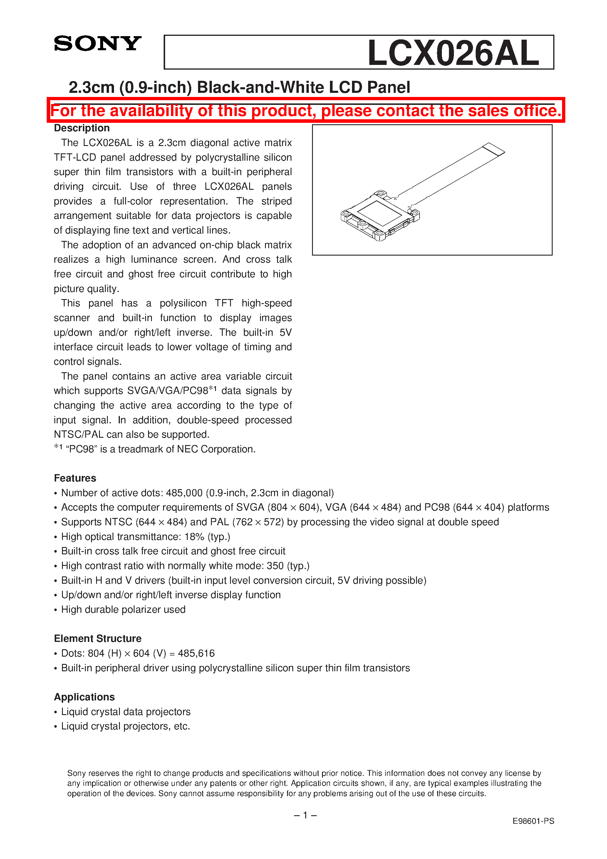 Datasheet LCX026 - 2.3cm (0.9-inch) Black-and-White LCD Panel page 1