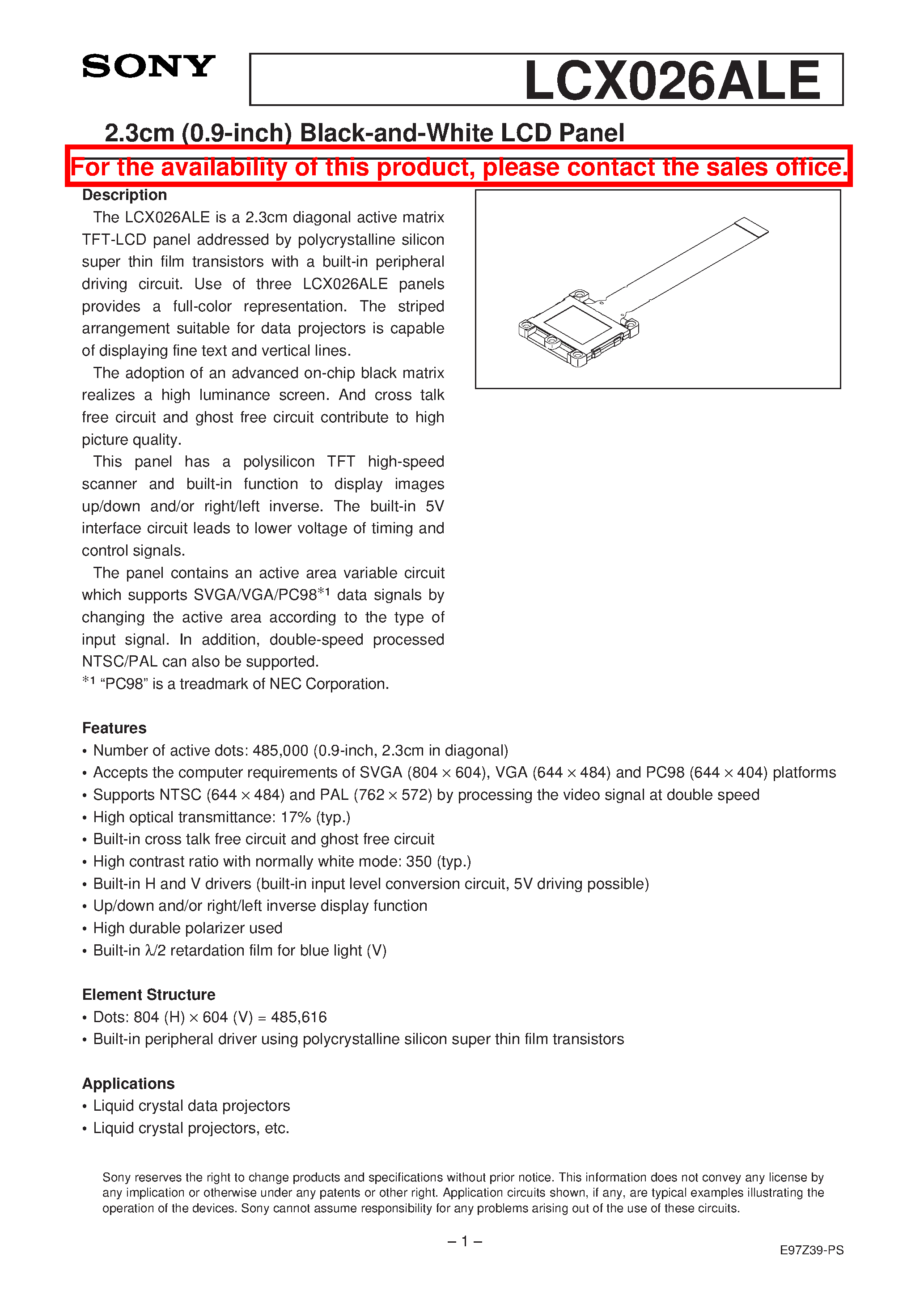 Datasheet LCX026ALE - 2.3cm (0.9-inch) Black-and-White LCD Panel page 1