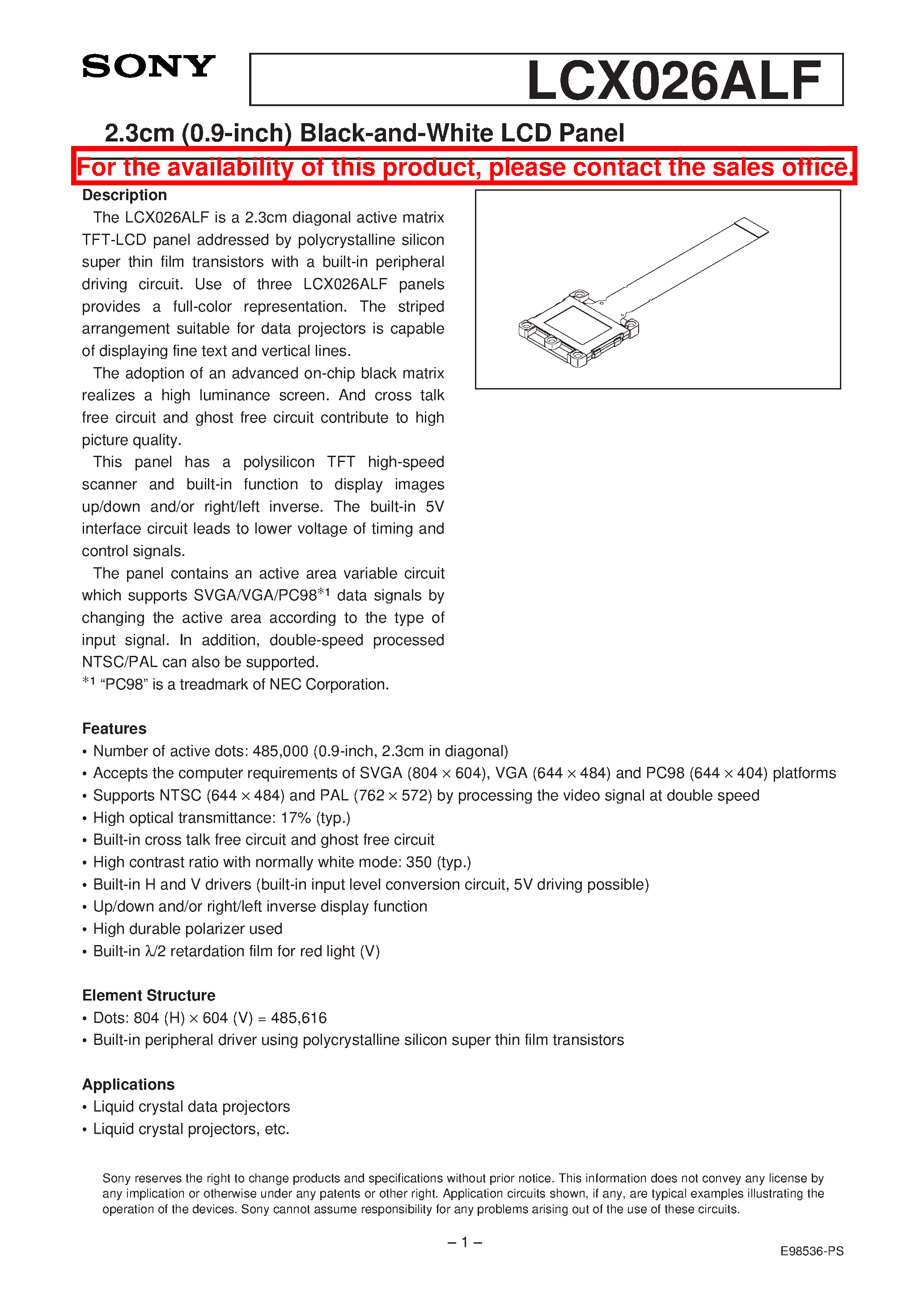 Datasheet LCX026ALF - 2.3cm (0.9-inch) Black-and-White LCD Panel page 1