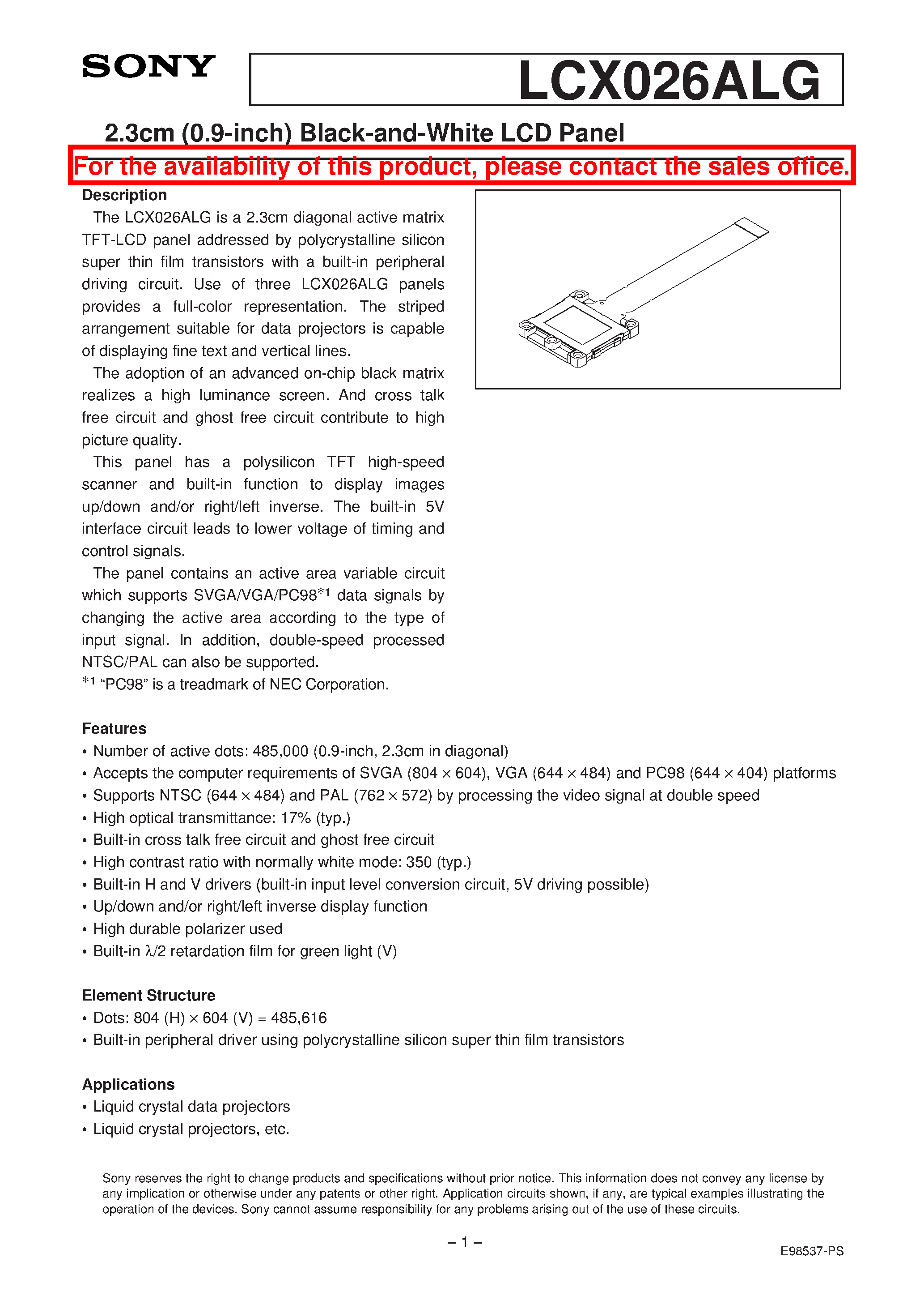Datasheet LCX026ALG - 2.3cm (0.9-inch) Black-and-White LCD Panel page 1