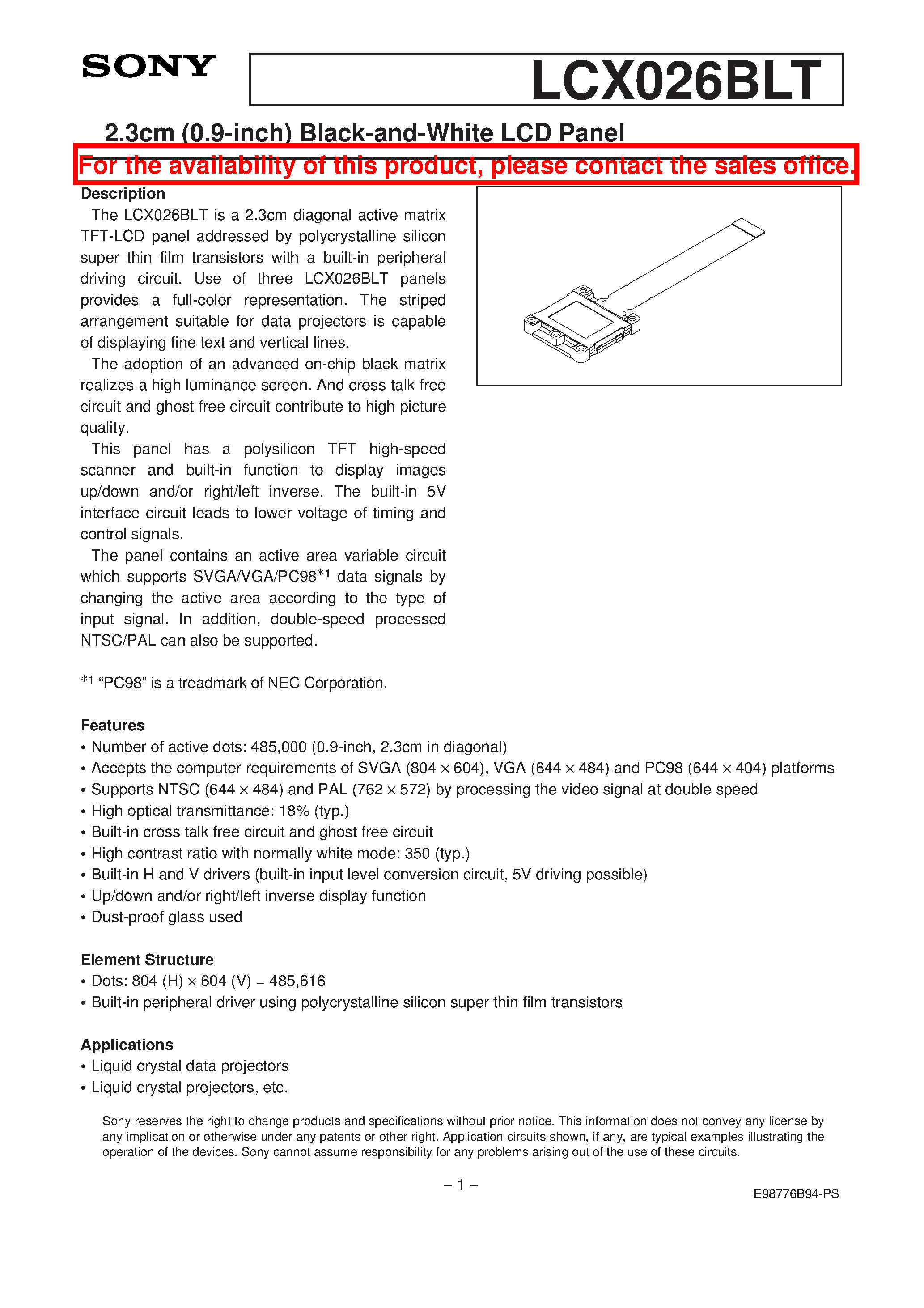 Datasheet LCX026BLT - 2.3cm (0.9-inch) Black-and-White LCD Panel page 1