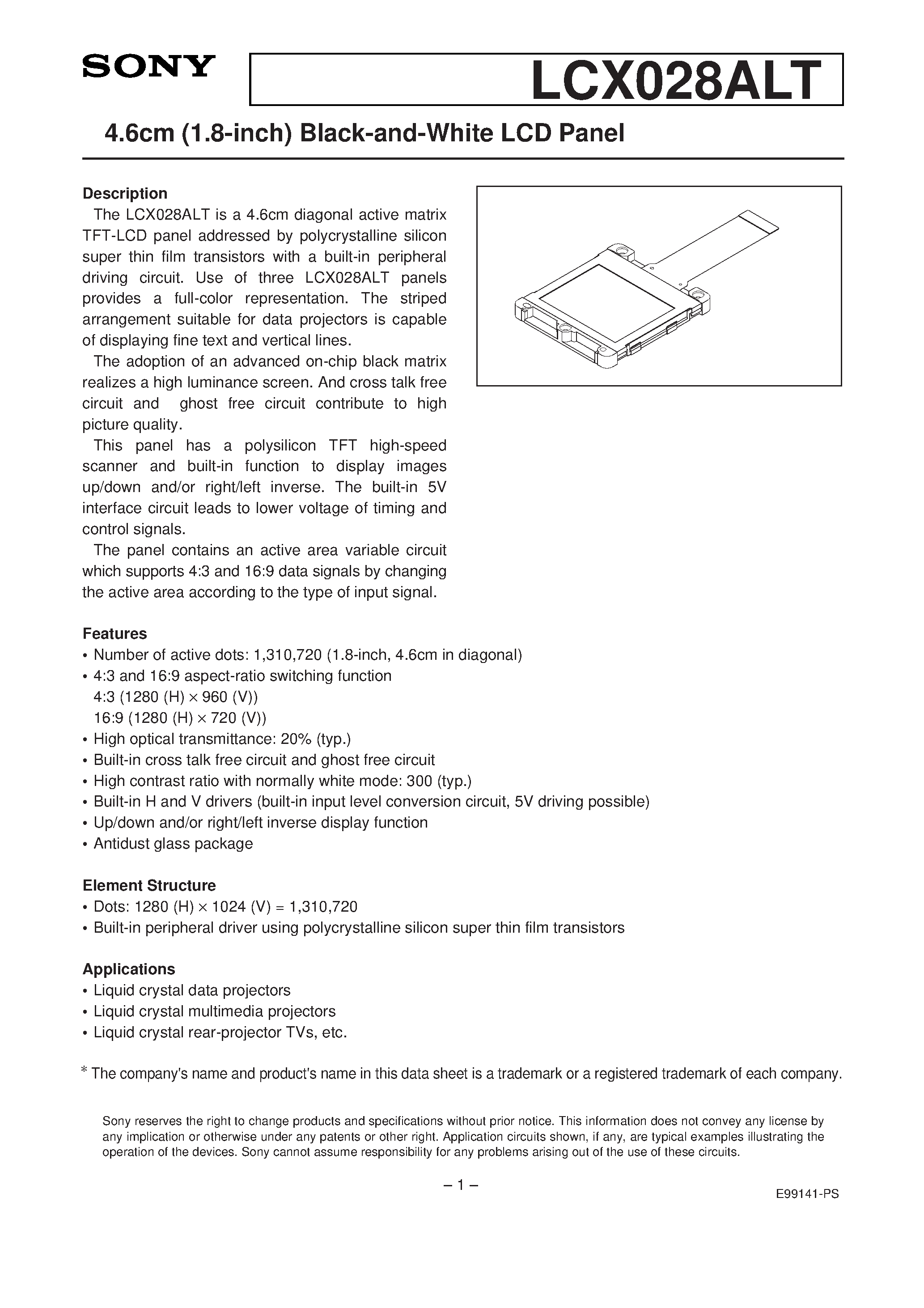 Datasheet LCX028ALT page 1 Datasheet LCX028ALT - 4.6cm (1.8-inch) Black-and-White LCD Panel page 1