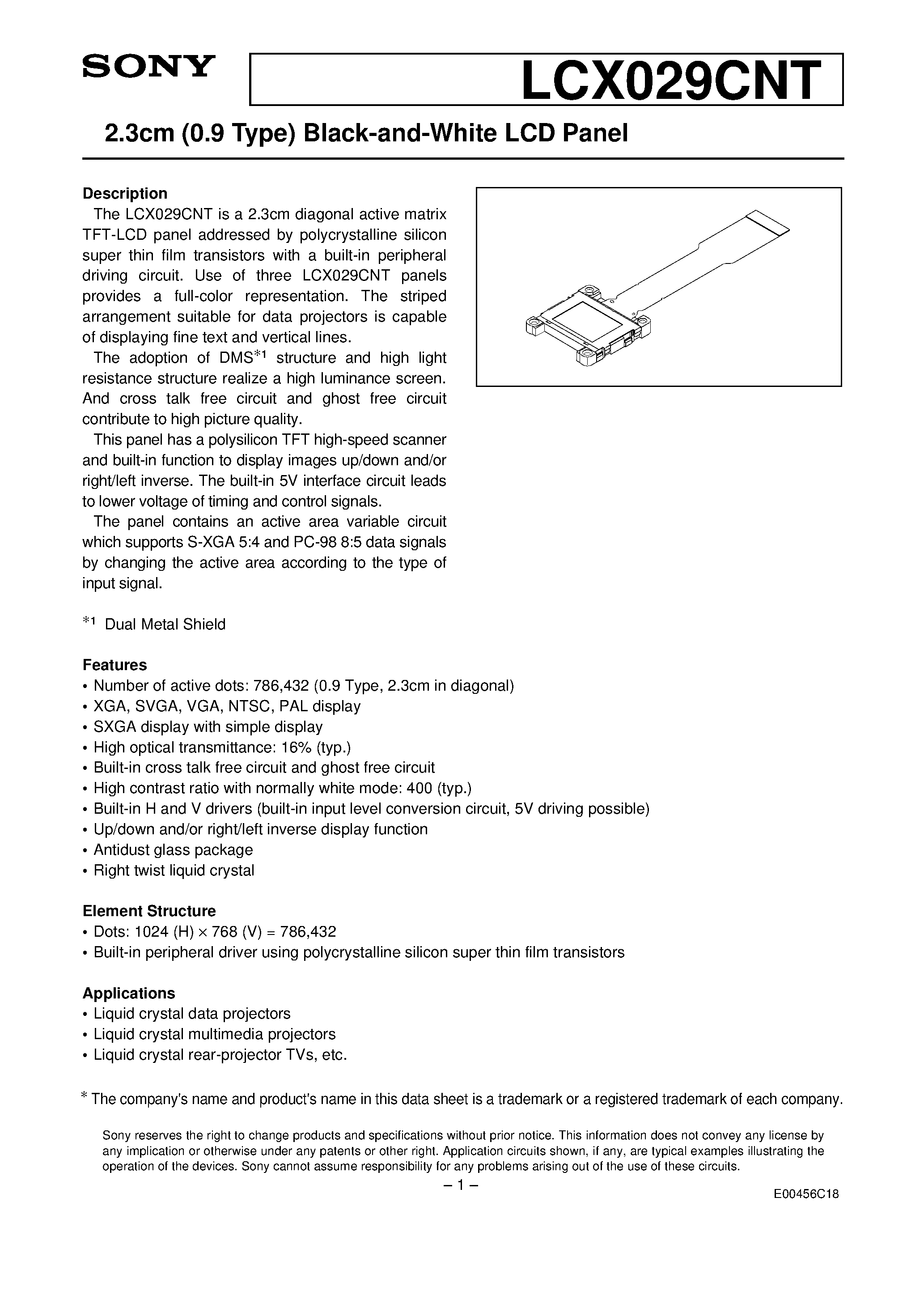 Datasheet LCX029CNT - 2.3cm (0.9 Type) Black-and-White LCD Panel page 1