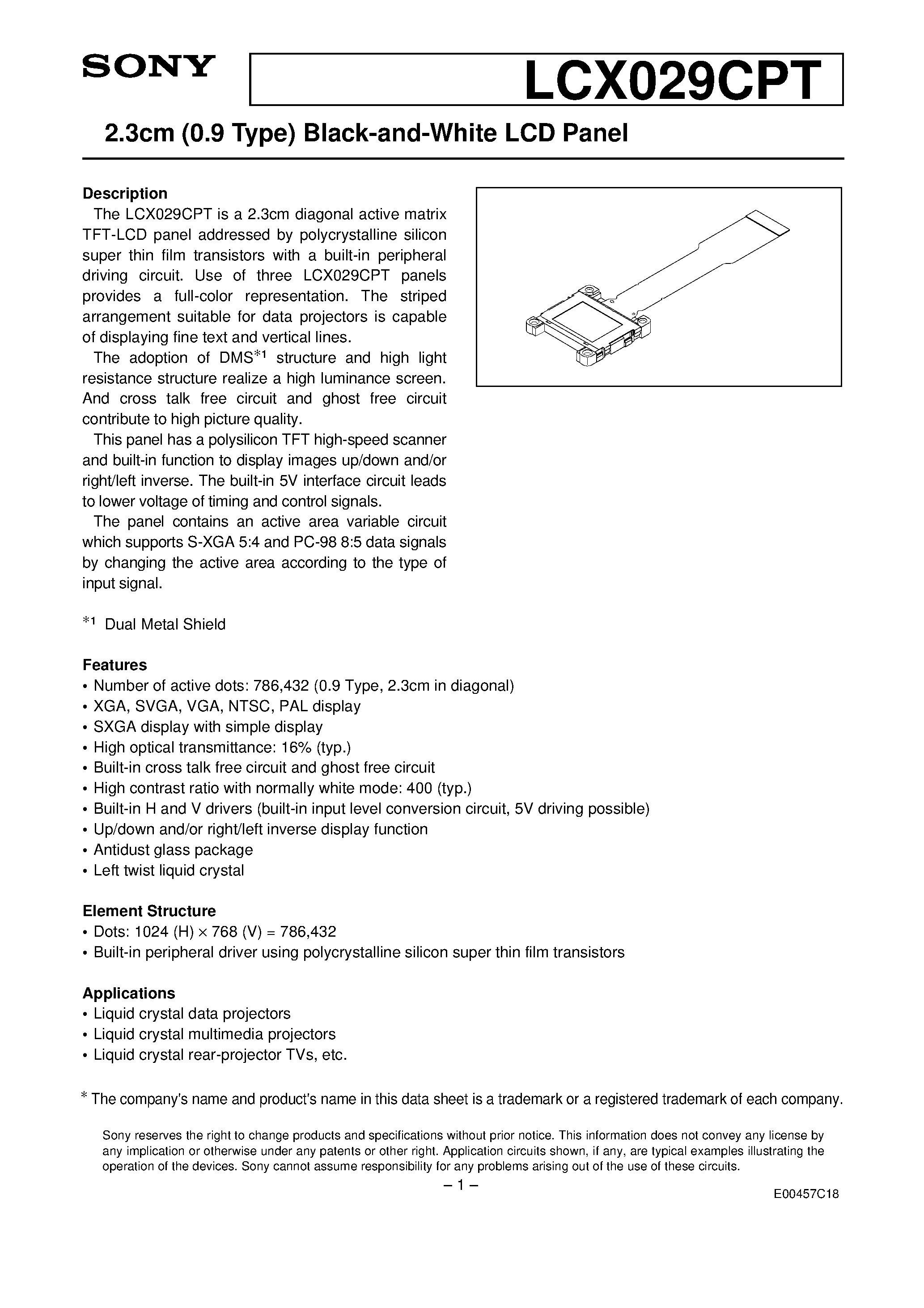 Datasheet LCX029CPT - 2.3cm (0.9 Type) Black-and-White LCD Panel page 1