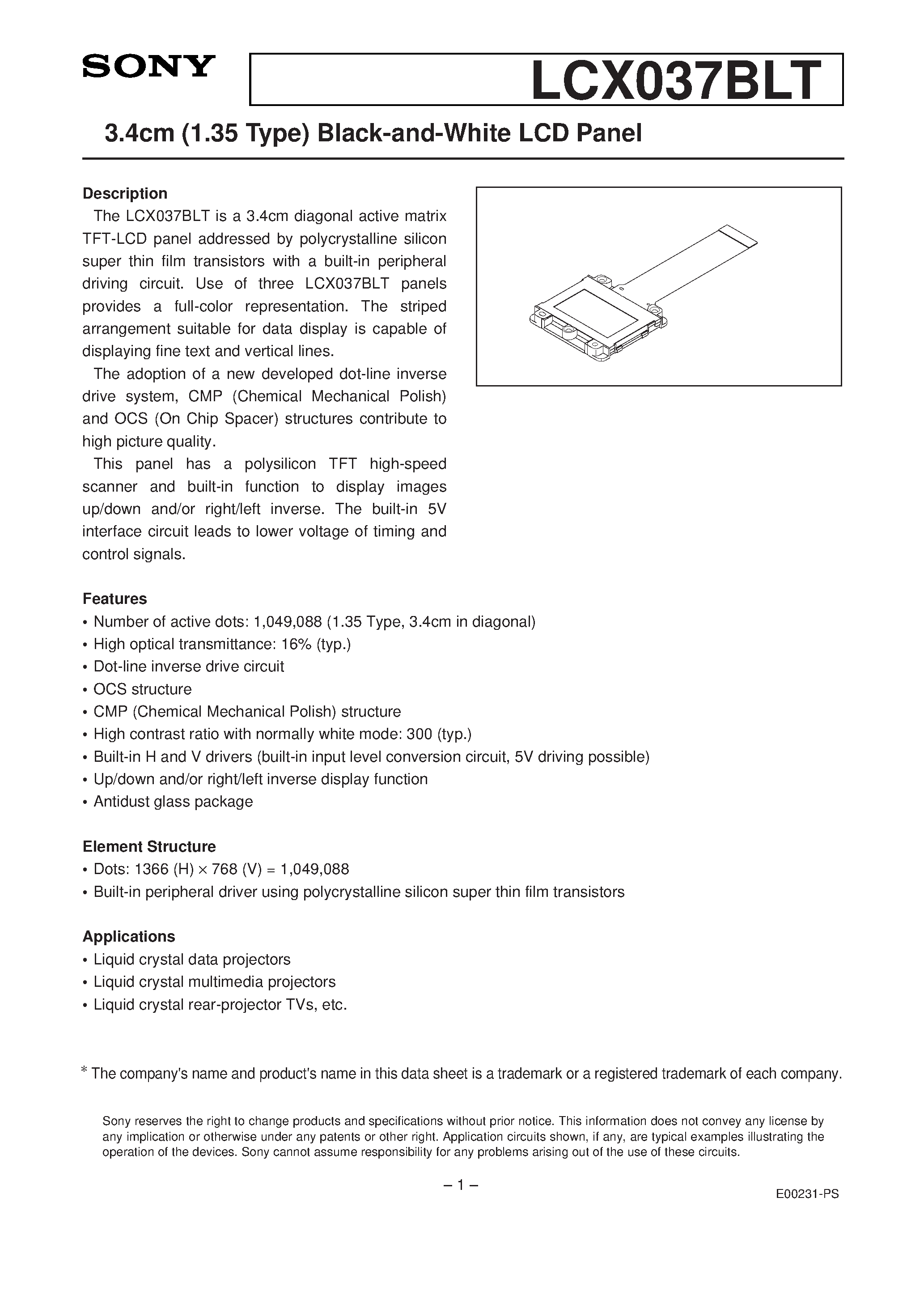 Datasheet LCX037BLT - 3.4cm (1.35 Type) Black-and-White LCD Panel page 1