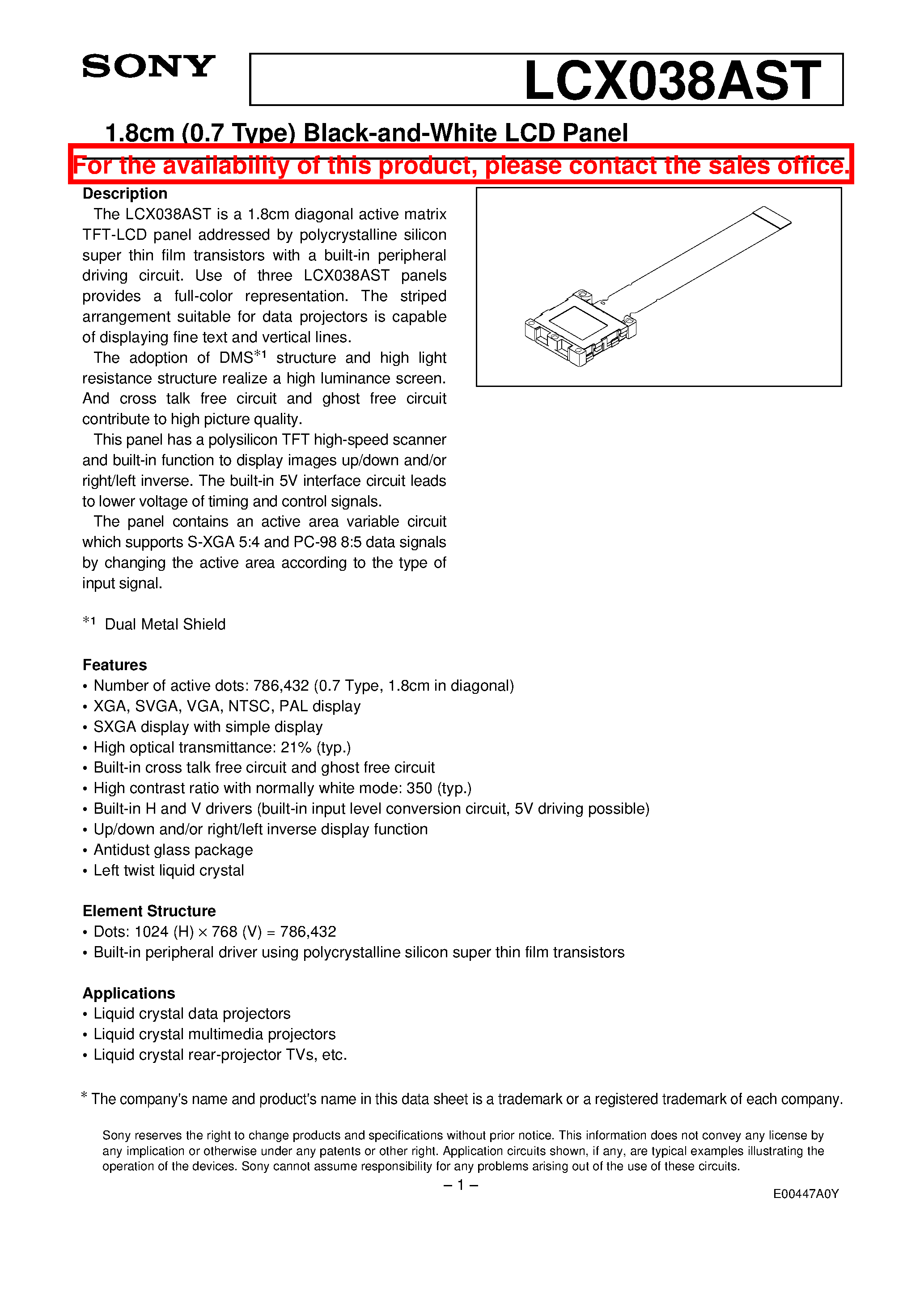 Datasheet LCX038AST - 1.8cm (0.7 Type) Black-and-White LCD Panel page 1
