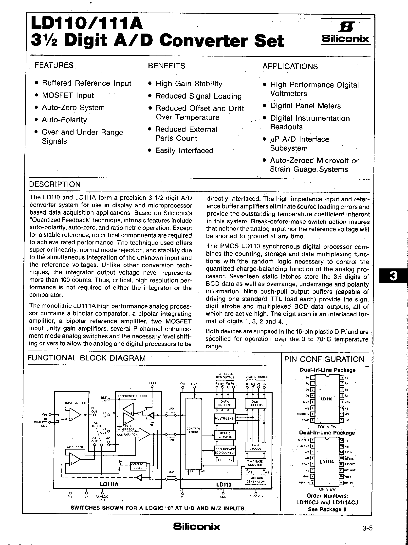 Datasheet LD110 - 3 1/2 Digit A/D Converter Set page 1