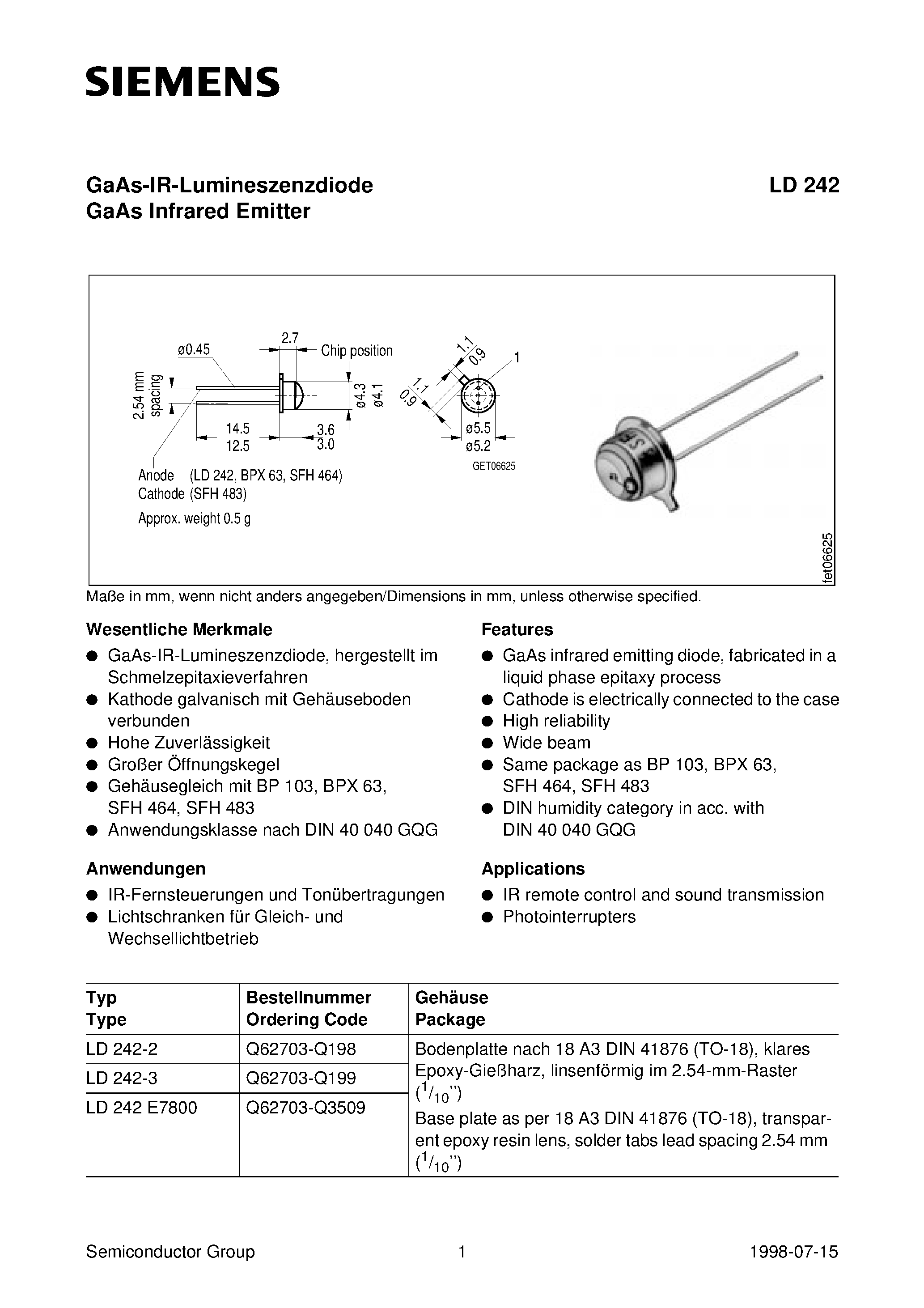Datasheet LD242-2 page 1 Datasheet LD242-2 - GaAs Infrared Emitter page 1