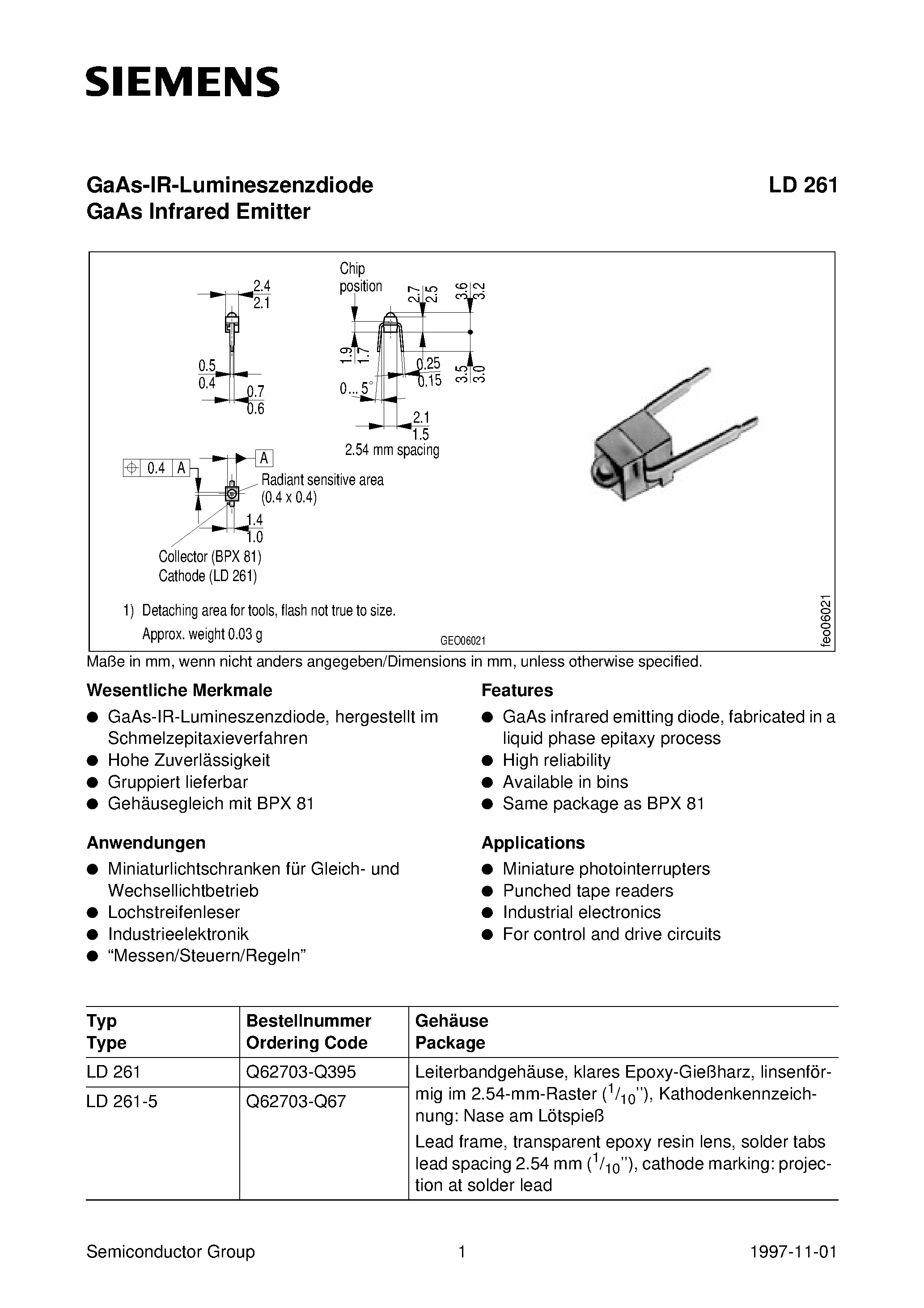Datasheet LD261-5 - GaAs-IR-Lumineszenzdiode GaAs Infrared Emitter page 1
