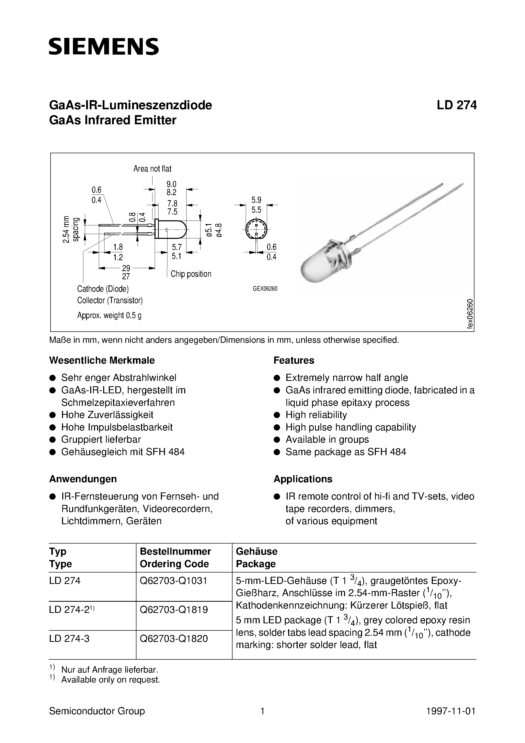 Datasheet LD274-2 page 1 Datasheet LD274-2 - GaAs-IR-Lumineszenzdiode GaAs Infrared Emitter page 1