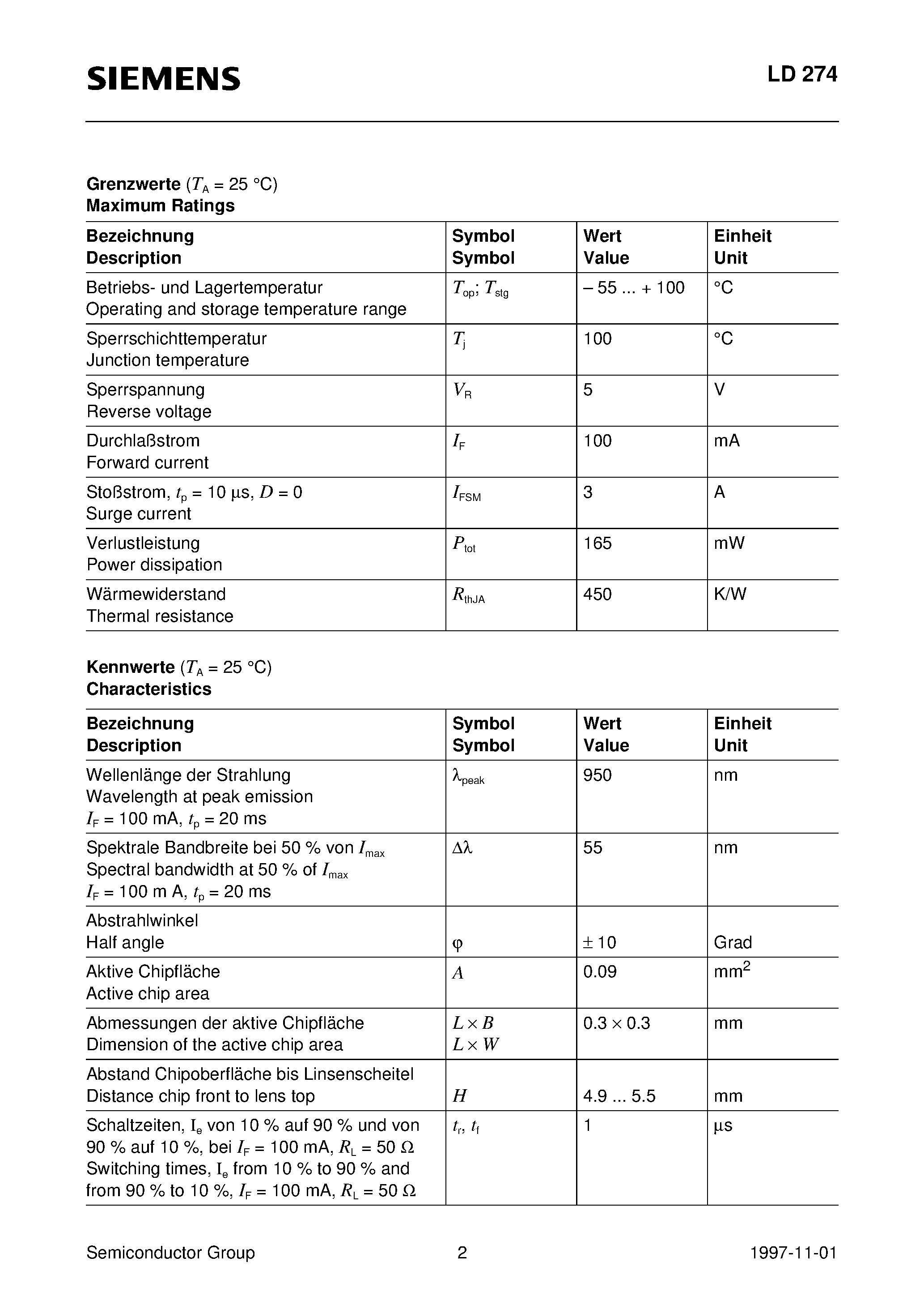 Datasheet LD274-3 page 2 Datasheet LD274-3 - GaAs-IR-Lumineszenzdiode GaAs Infrared Emitter page 2