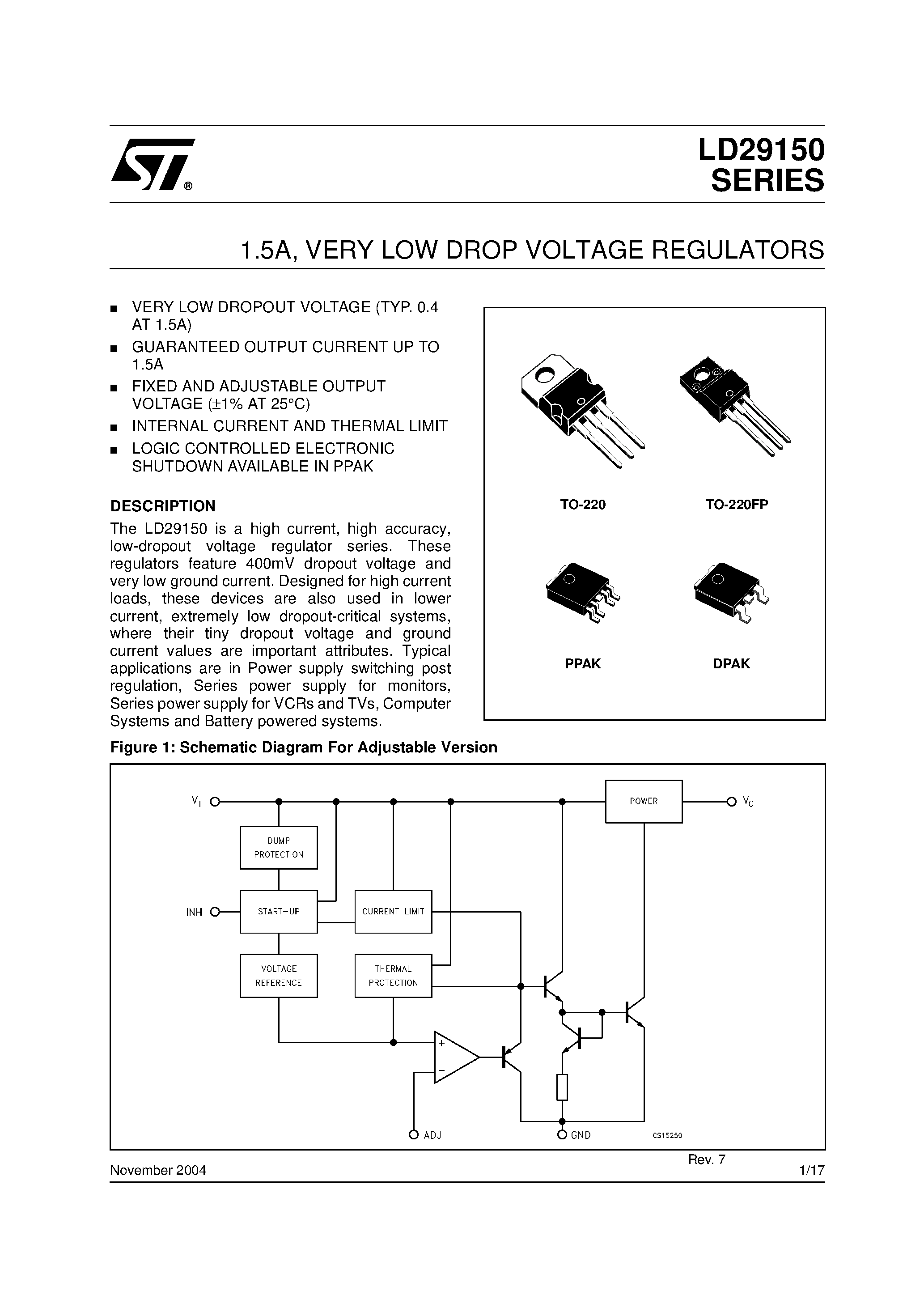 Даташит на микросхему LD29150 страница 1 Даташит LD29150 - 1.5A / VERY LOW DROP VOLTAGE REGULATORS страница 1
