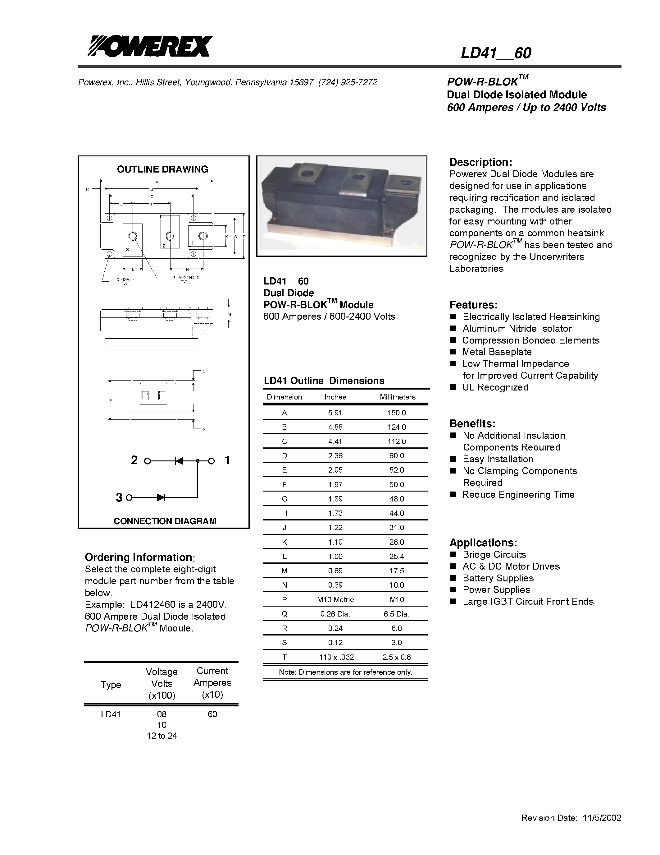 Даташит на микросхему LD4160 страница 1 Даташит LD4160 - POW-R-BLOK Dual Diode Isolated Module (600 Amperes / Up to 2400 Volts) страница 1