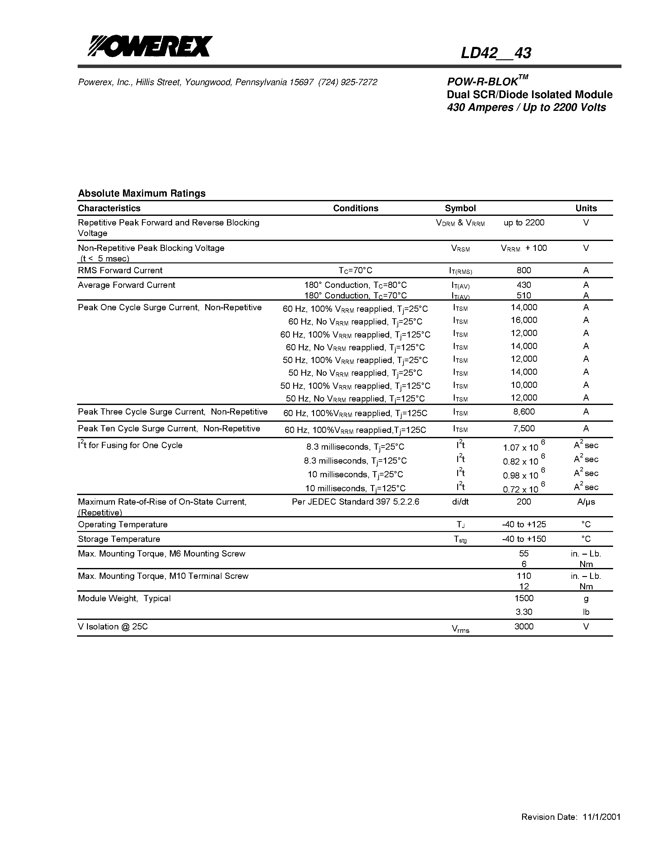 Datasheet LD422043 page 2 Datasheet LD422043 - POW-R-BLOK Dual SCR/Diode Isolated Module (430 Amperes / Up to 2200 Volts) page 2