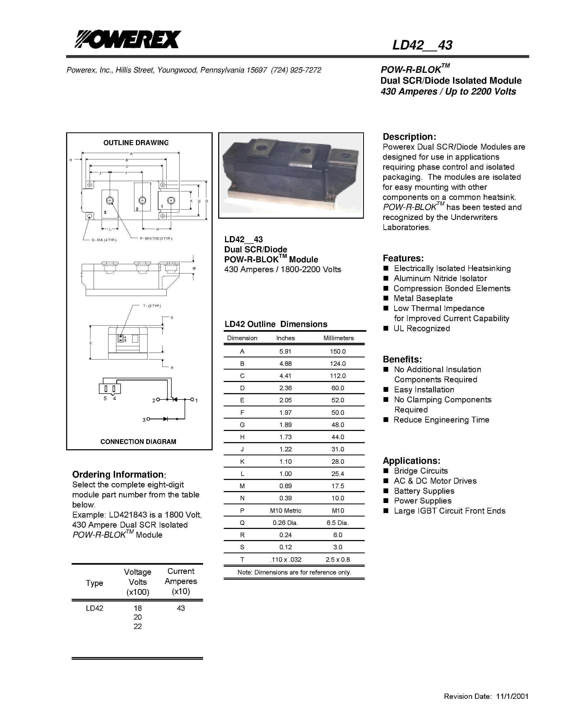 Даташит на микросхему LD4243 страница 1 Даташит LD4243 - POW-R-BLOK Dual SCR/Diode Isolated Module (430 Amperes / Up to 2200 Volts) страница 1