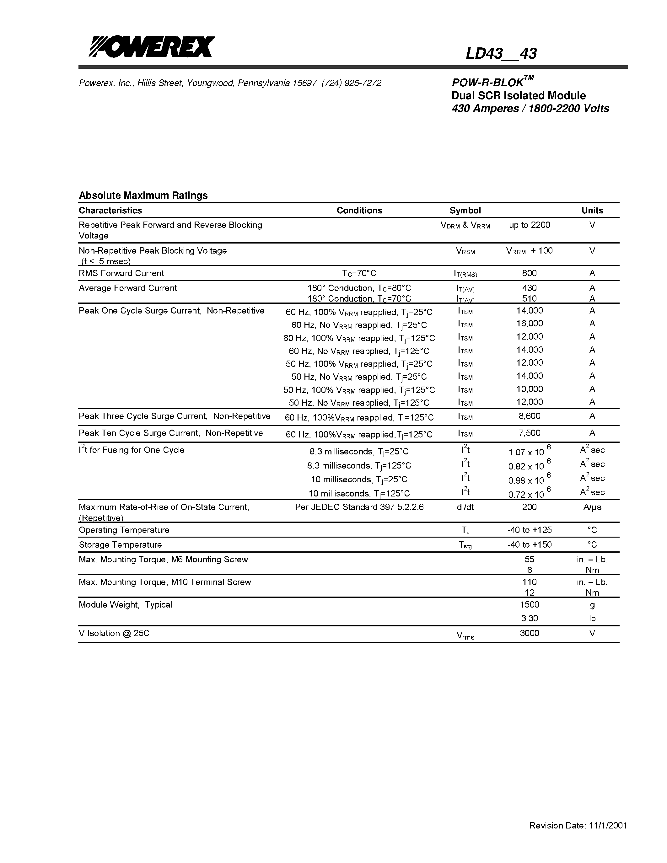 Datasheet LD4343 page 2 Datasheet LD4343 - POW-R-BLOK Dual SCR Isolated Module (430 Amperes / 1800-2200 Volts) page 2