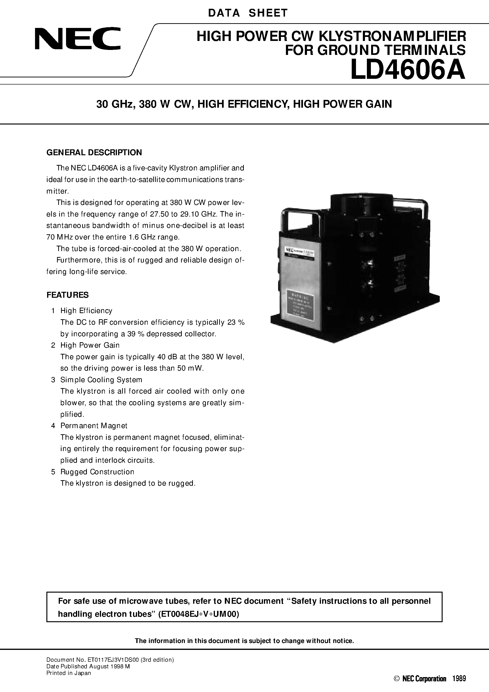 Datasheet LD4606A - 30 GHz / 380 W CW / HIGH EFFICIENCY / HIGH POWER GAIN page 1