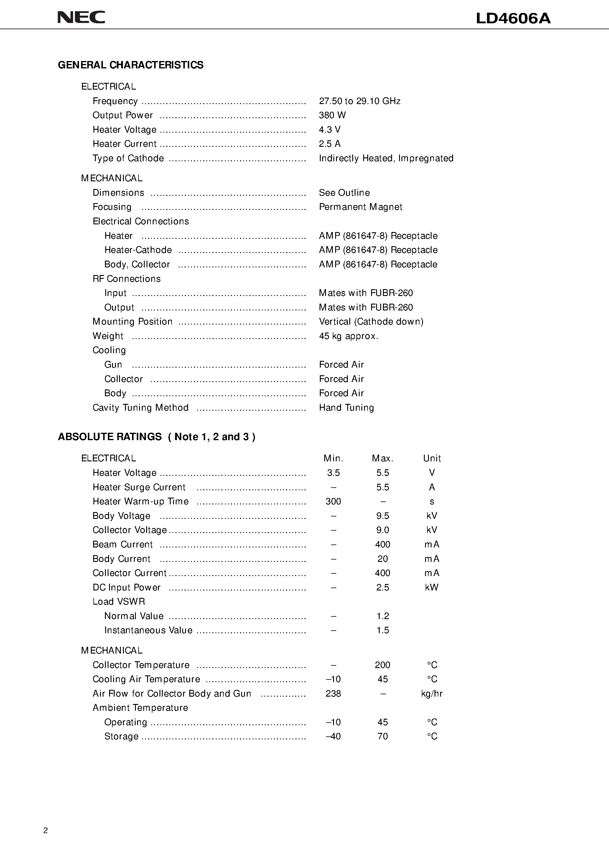 Datasheet LD4606A - 30 GHz / 380 W CW / HIGH EFFICIENCY / HIGH POWER GAIN page 2