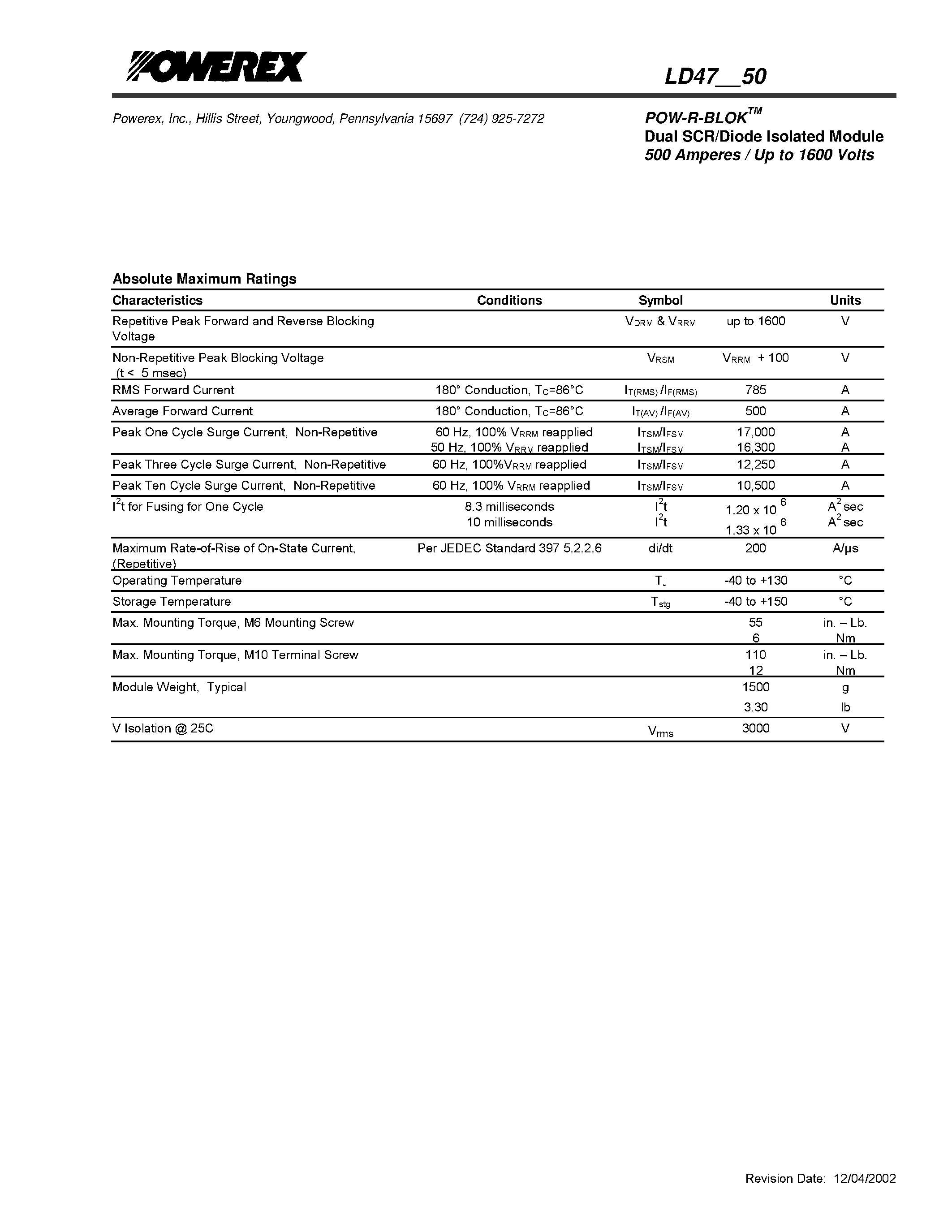 Datasheet LD471450 - POW-R-BLOK Dual SCR/Diode Isolated Module (500 Amperes / Up to 1600 Volts) page 2