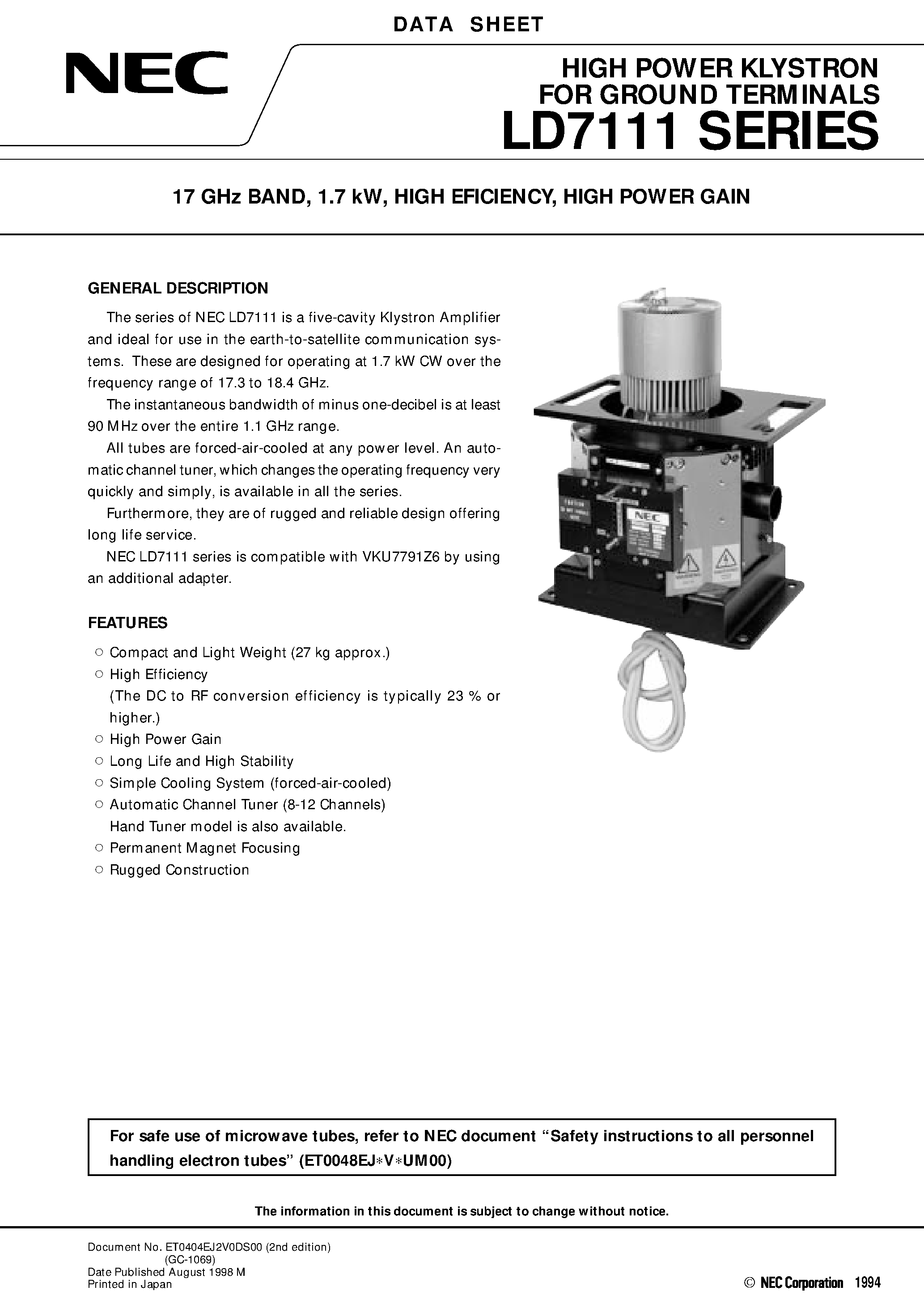 Datasheet LD7111 - 17 GHz BAND / 1.7 kW / HIGH EFICIENCY / HIGH POWER GAIN page 1