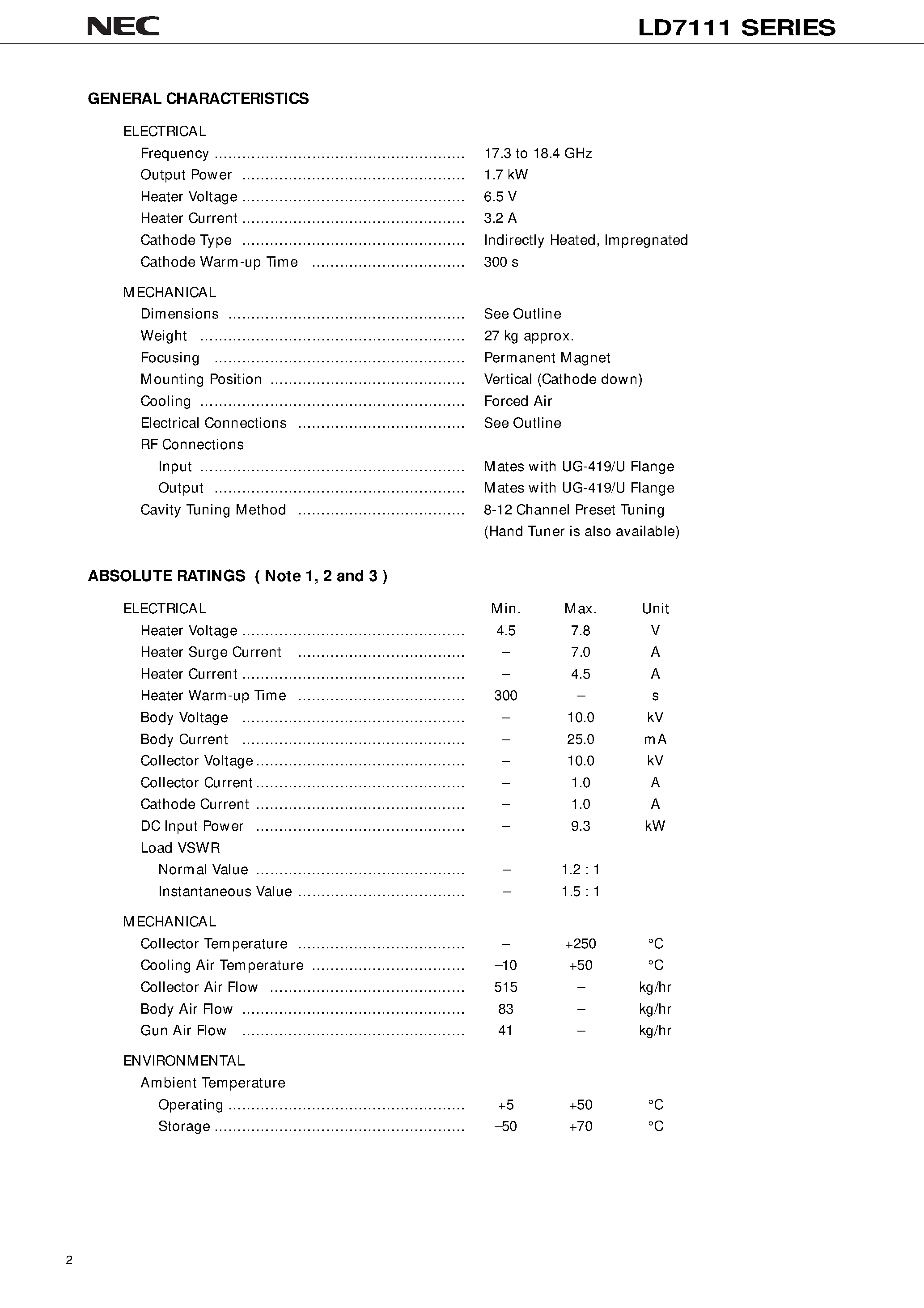 Datasheet LD7111 - 17 GHz BAND / 1.7 kW / HIGH EFICIENCY / HIGH POWER GAIN page 2