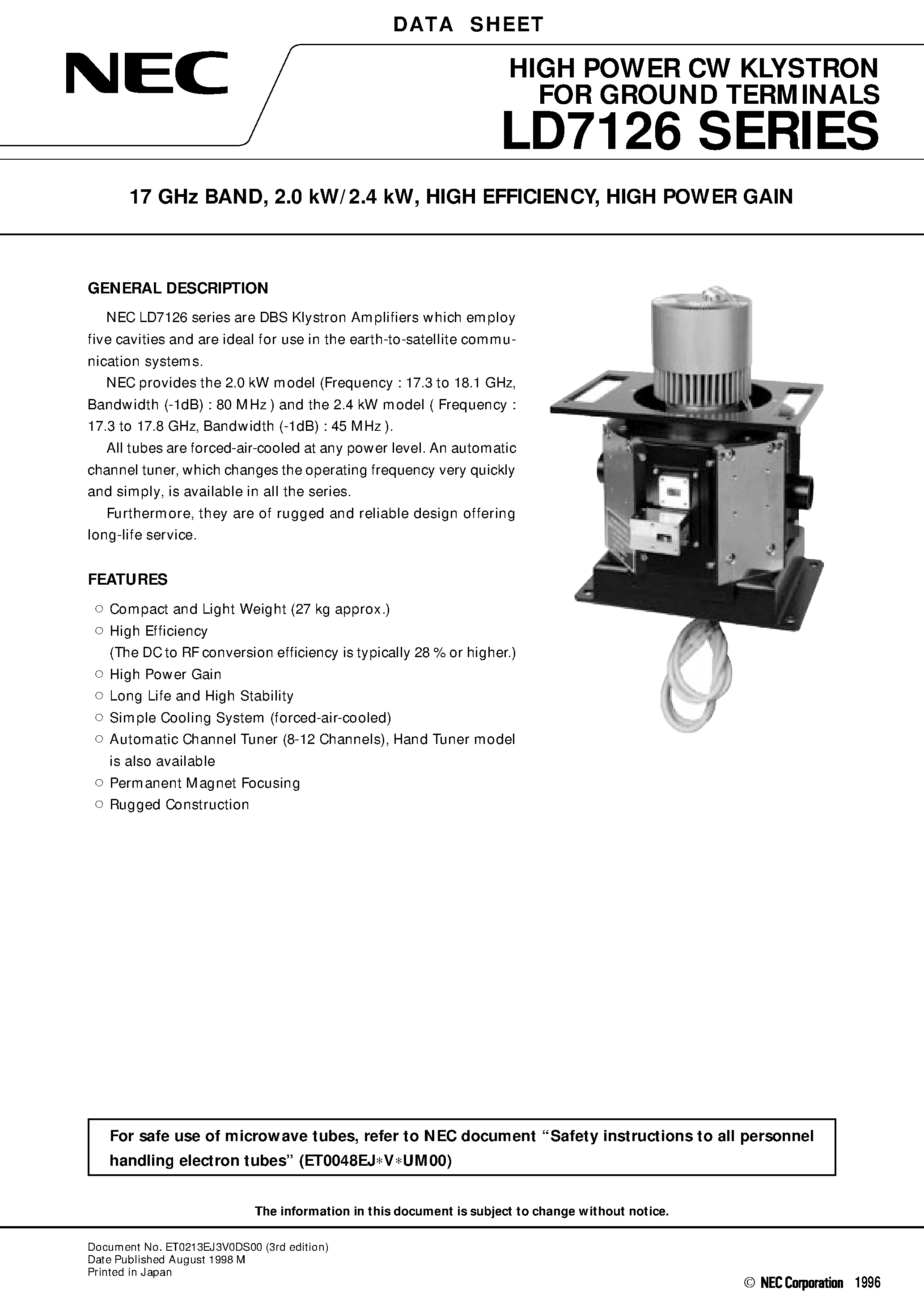 Datasheet LD7126 - 17 GHz BAND / 2.0 kW/2.4 kW / HIGH EFFICIENCY / HIGH POWER GAIN page 1