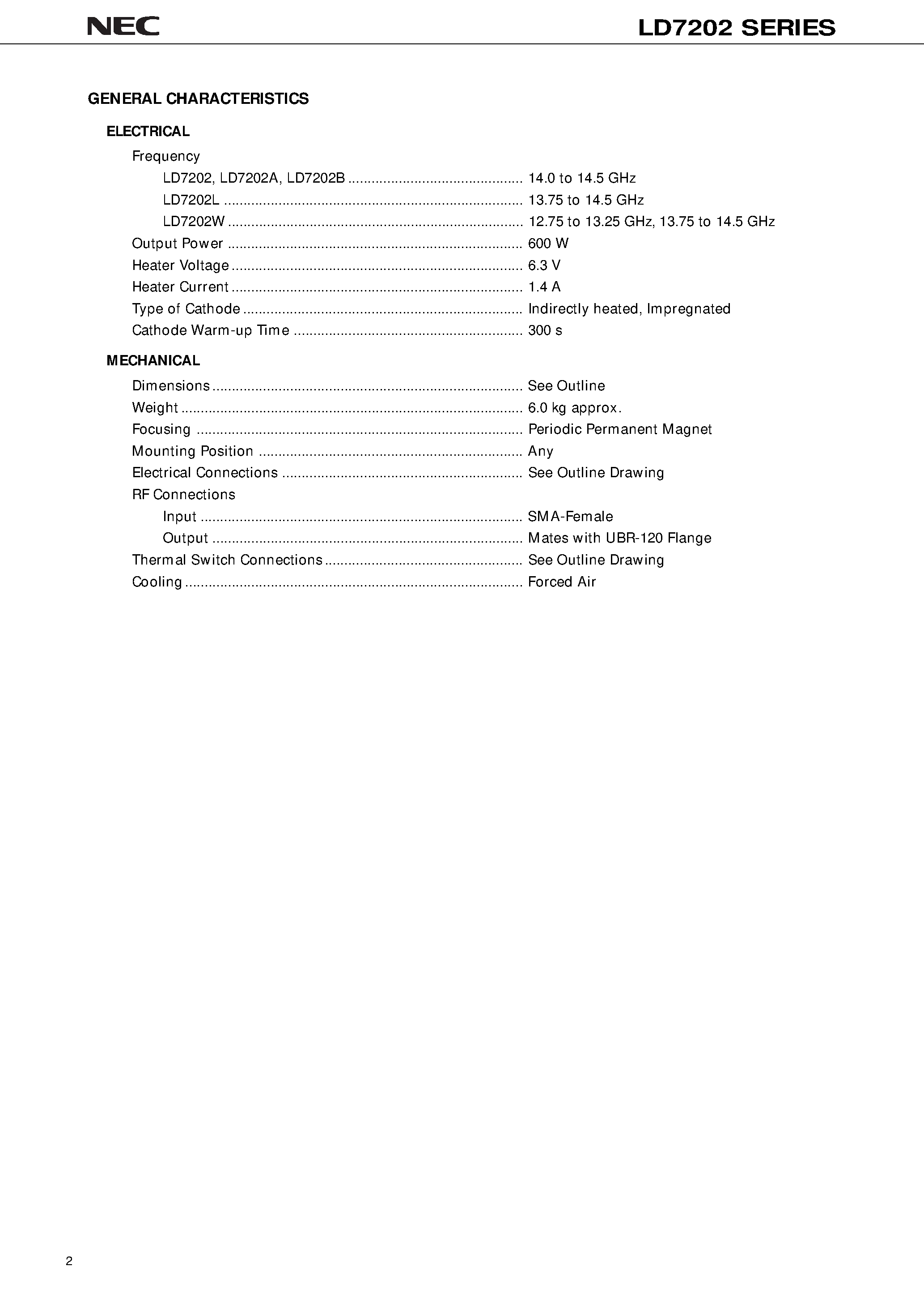 Datasheet LD7202L - 14 GHz / 600 W CW / PPM FOCUSING / HIGH POWER GAIN page 2
