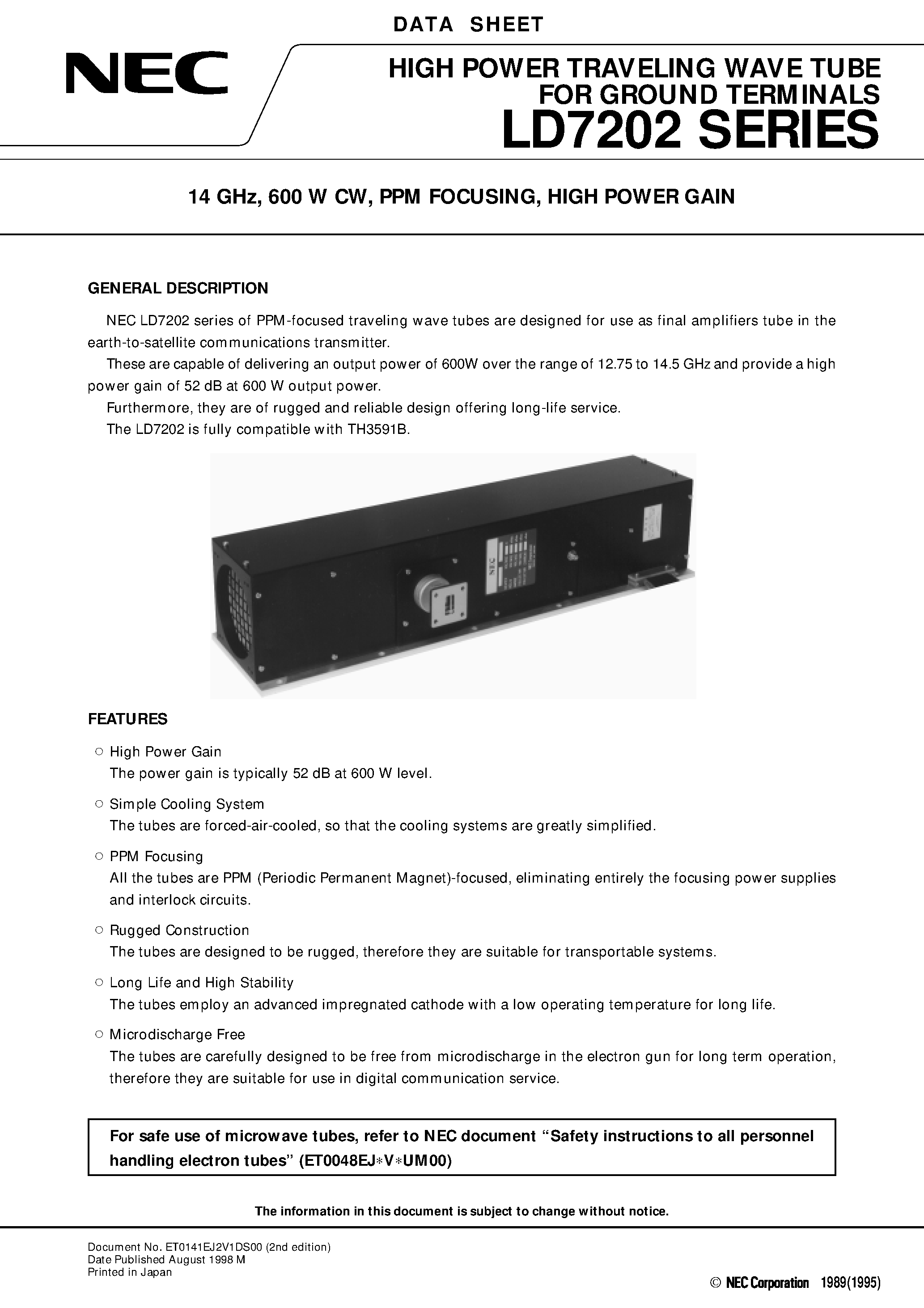 Datasheet LD7202W - 14 GHz / 600 W CW / PPM FOCUSING / HIGH POWER GAIN page 1