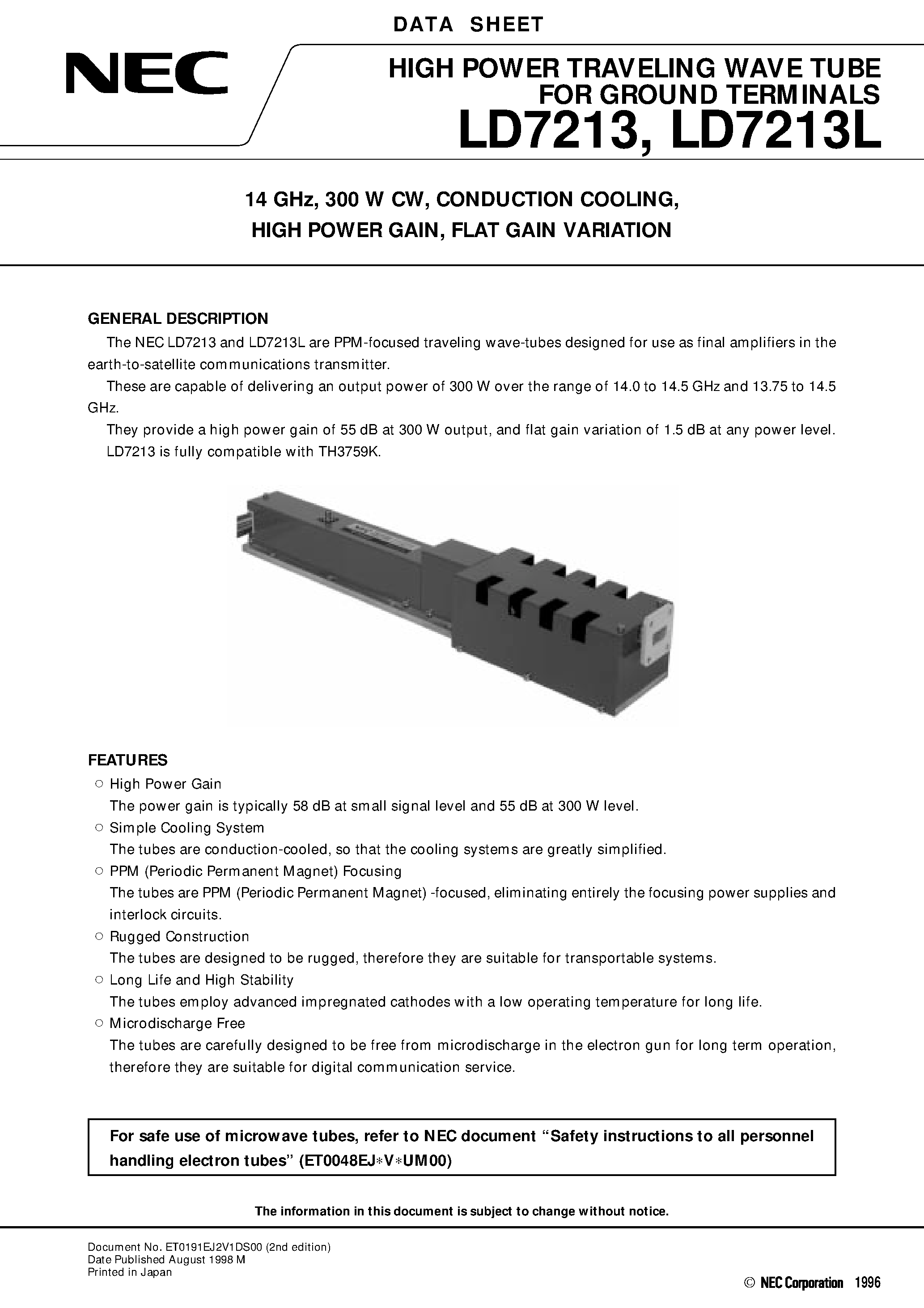 Datasheet LD7213 - 14 GHz / 300 W CW / CONDUCTION COOLING / HIGH POWER GAIN / FLAT GAIN VARIATION page 1