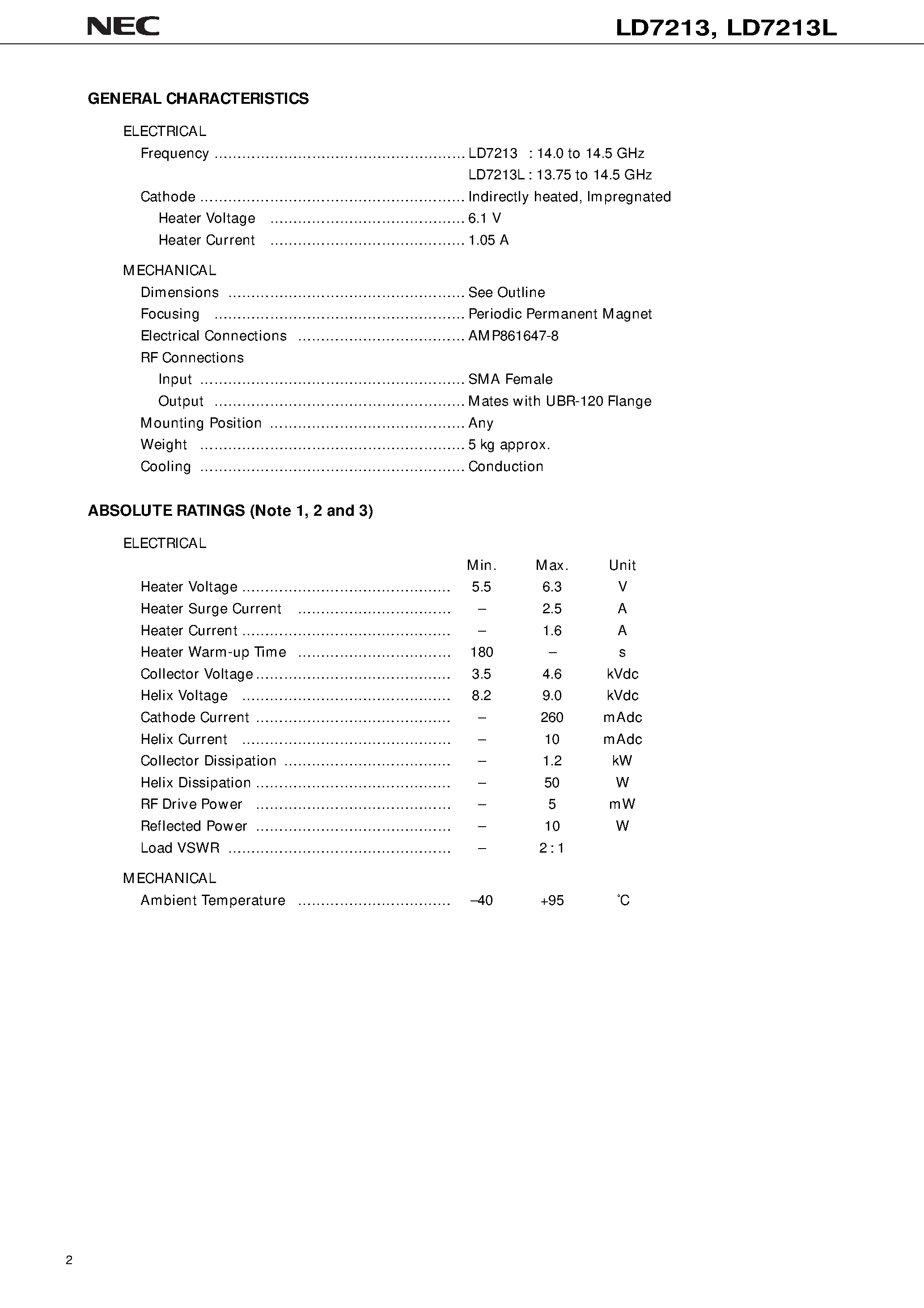 Datasheet LD7213L - 14 GHz / 300 W CW / CONDUCTION COOLING / HIGH POWER GAIN / FLAT GAIN VARIATION page 2