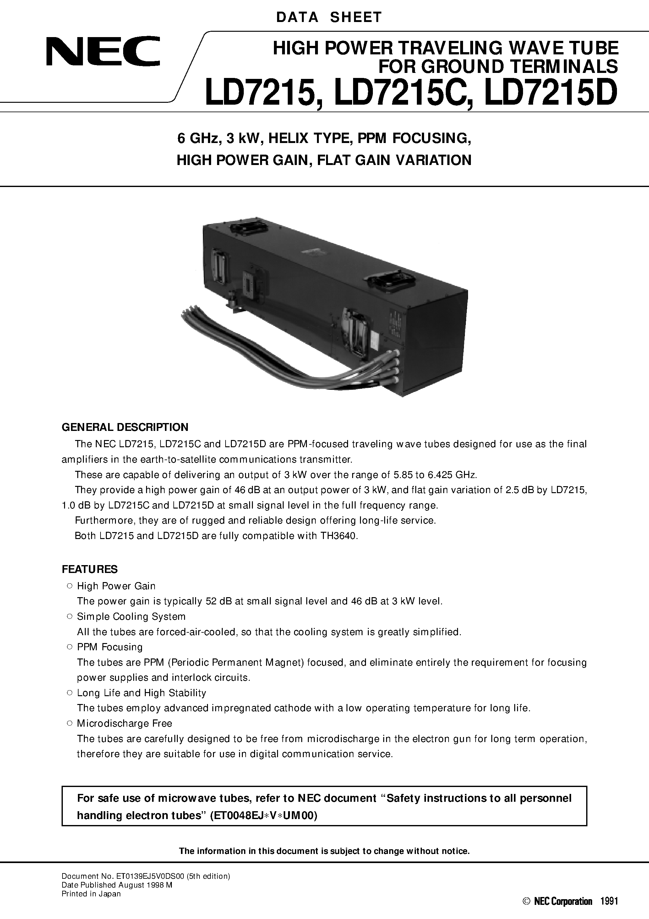 Datasheet LD7215 - 6 GHz / 3 kW / HELIX TYPE / PPM FOCUSING / HIGH POWER GAIN / FLAT GAIN VARIATION page 1