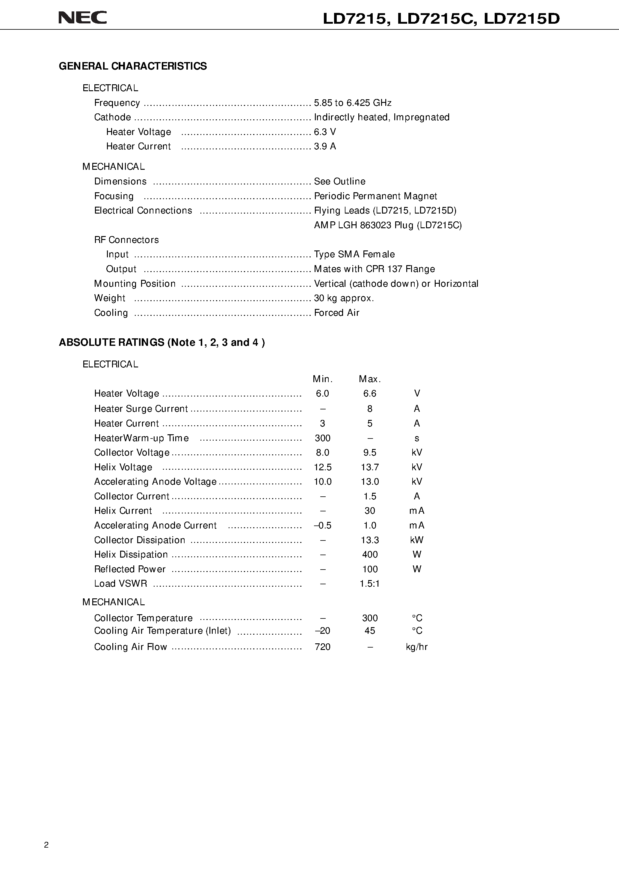 Datasheet LD7215C - 6 GHz / 3 kW / HELIX TYPE / PPM FOCUSING / HIGH POWER GAIN / FLAT GAIN VARIATION page 2