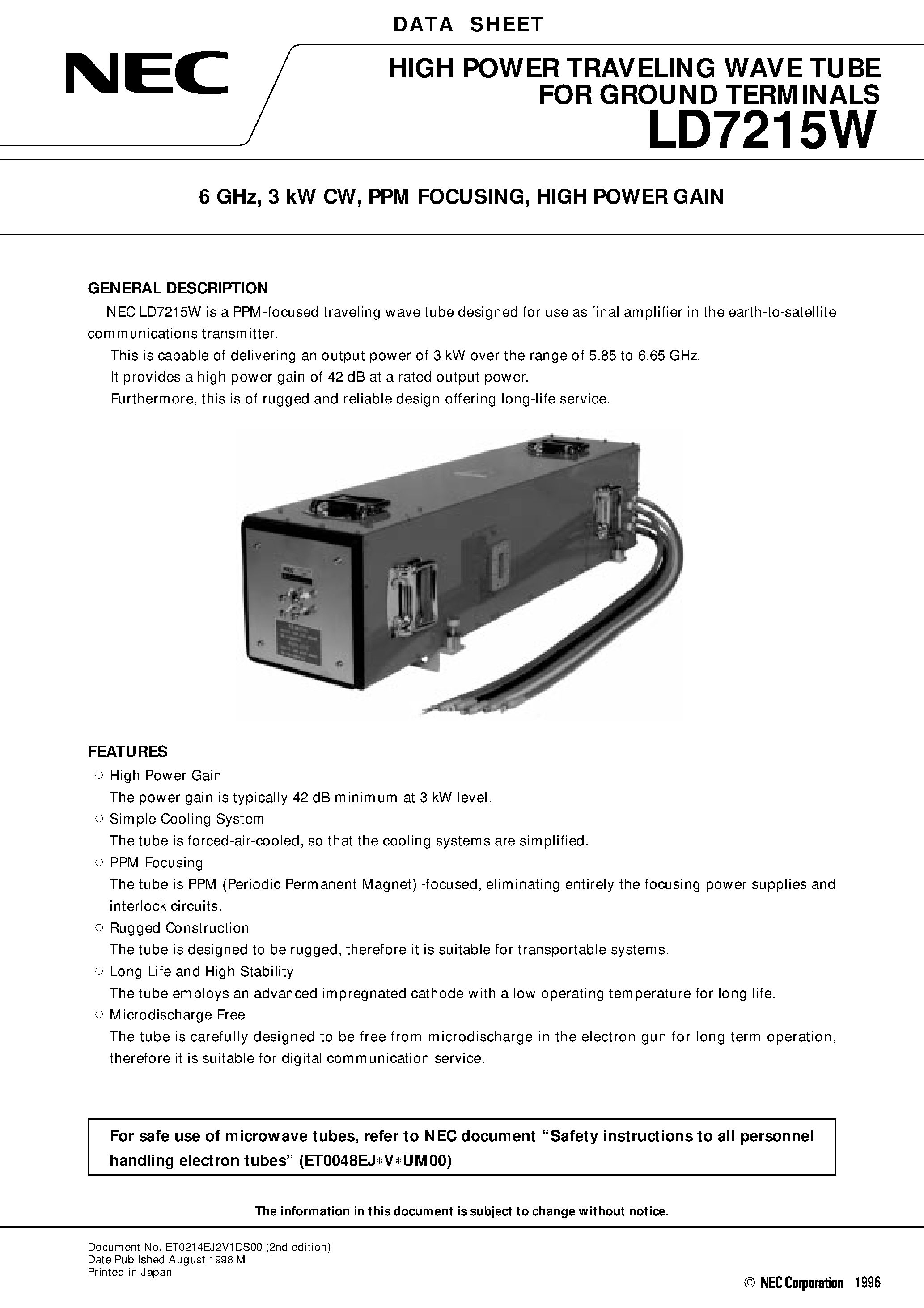 Datasheet LD7215W - 6 GHz / 3 kW CW / PPM FOCUSING / HIGH POWER GAIN page 1