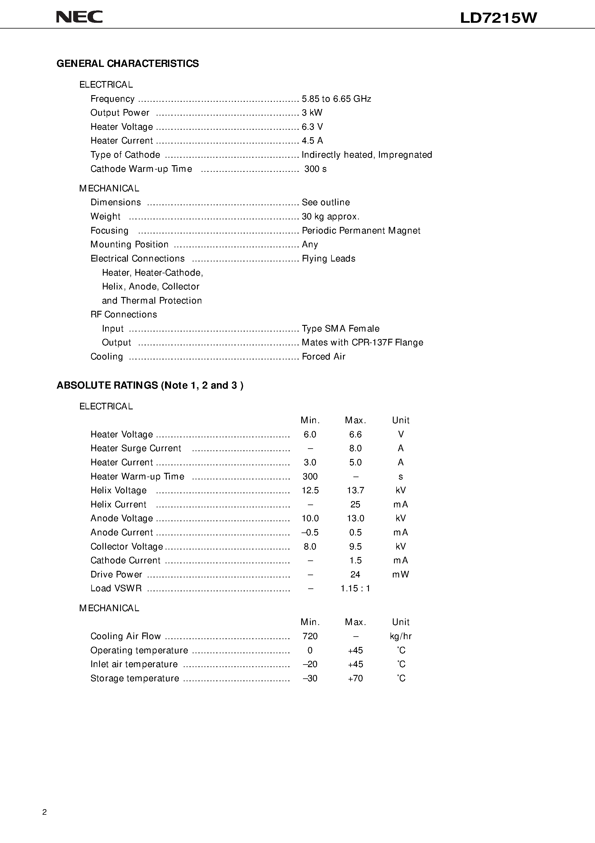 Datasheet LD7215W - 6 GHz / 3 kW CW / PPM FOCUSING / HIGH POWER GAIN page 2