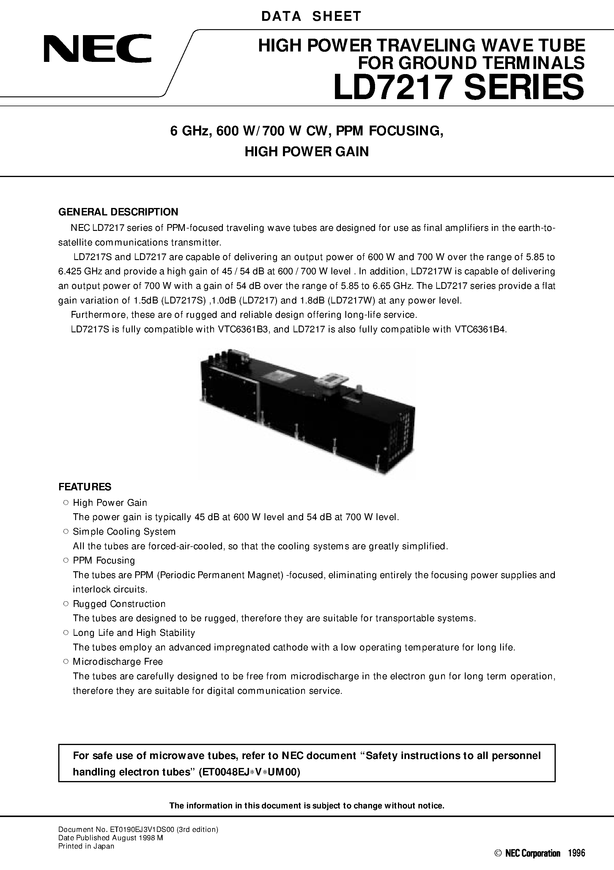 Datasheet LD7217W page 1 Datasheet LD7217W - 6 GHz / 600 W/700 W CW / PPM FOCUSING / HIGH POWER GAIN page 1