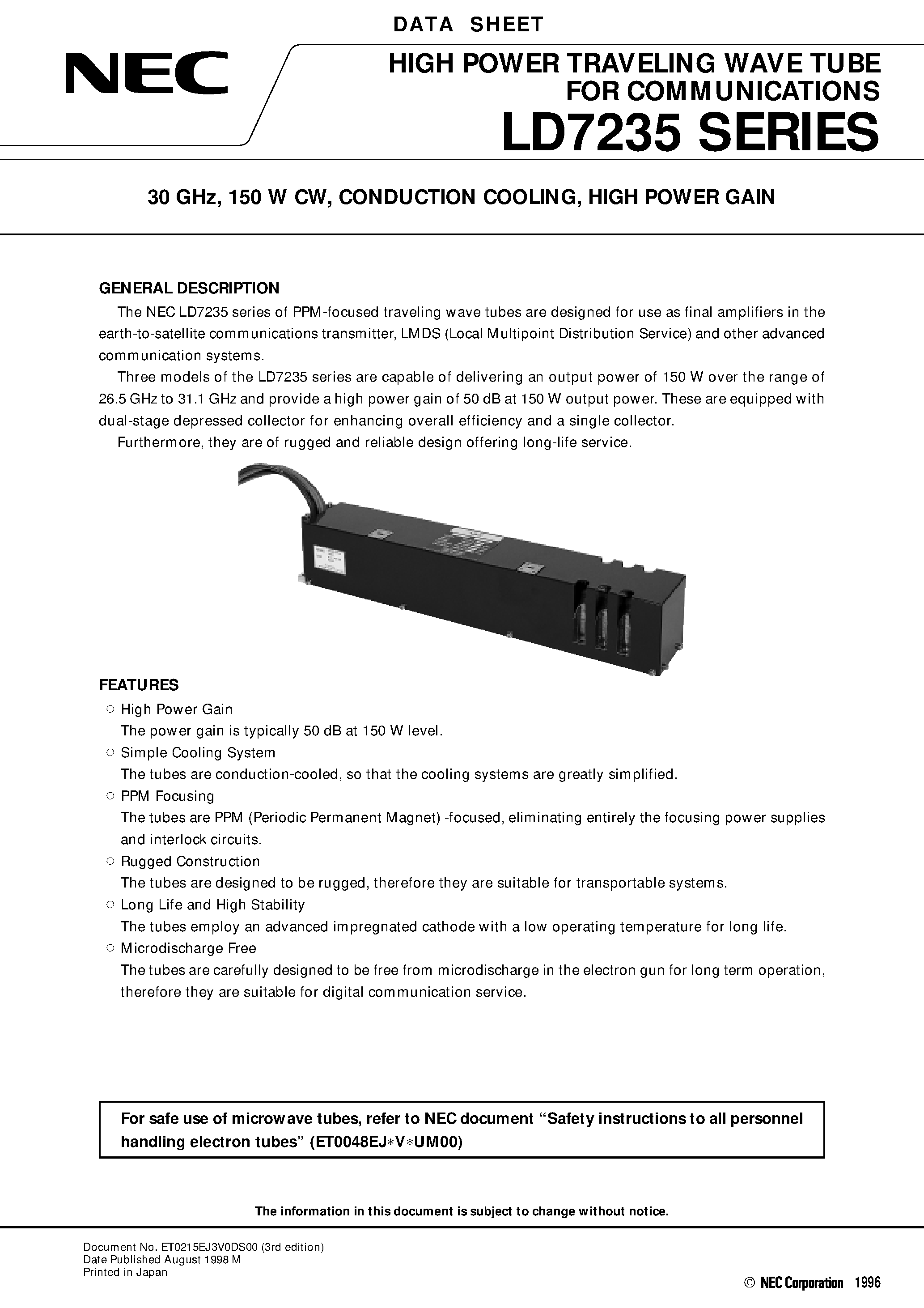 Datasheet LD7235 page 1 Datasheet LD7235 - 30 GHz / 150 W CW / CONDUCTION COOLING / HIGH POWER GAIN page 1