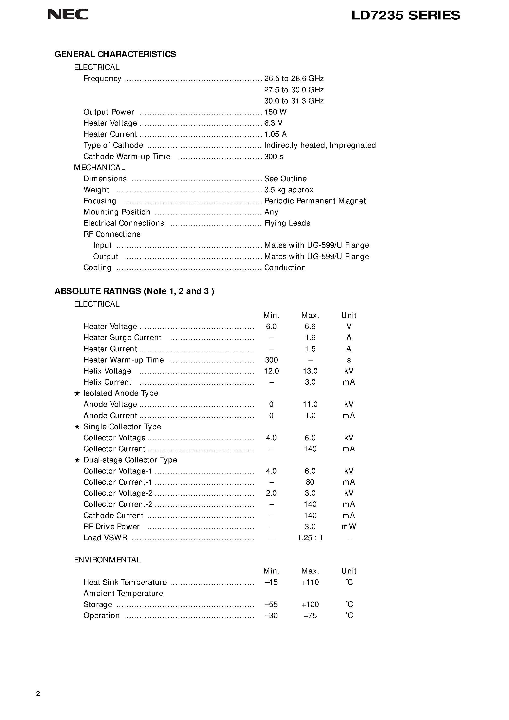 Datasheet LD7235 page 2 Datasheet LD7235 - 30 GHz / 150 W CW / CONDUCTION COOLING / HIGH POWER GAIN page 2