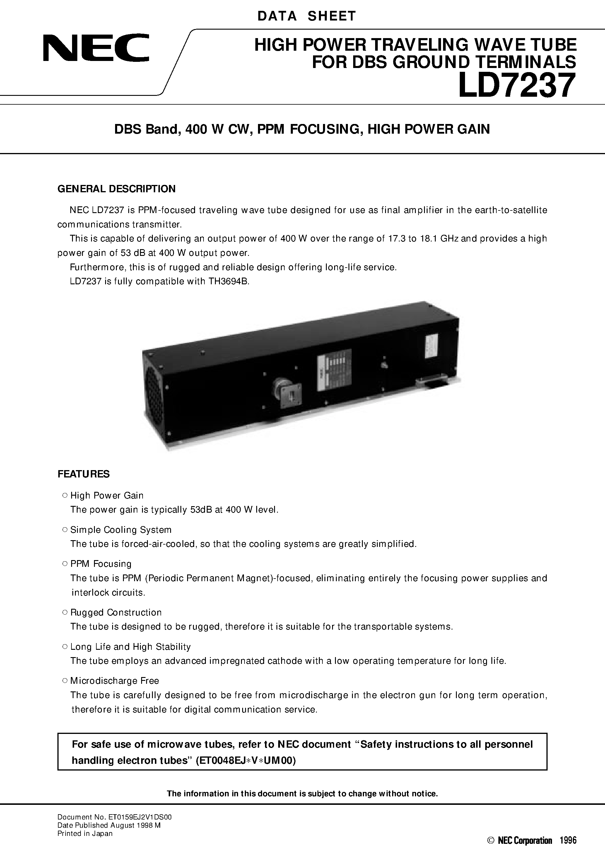 Datasheet LD7237 - DBS Band / 400 W CW / PPM FOCUSING / HIGH POWER GAIN page 1