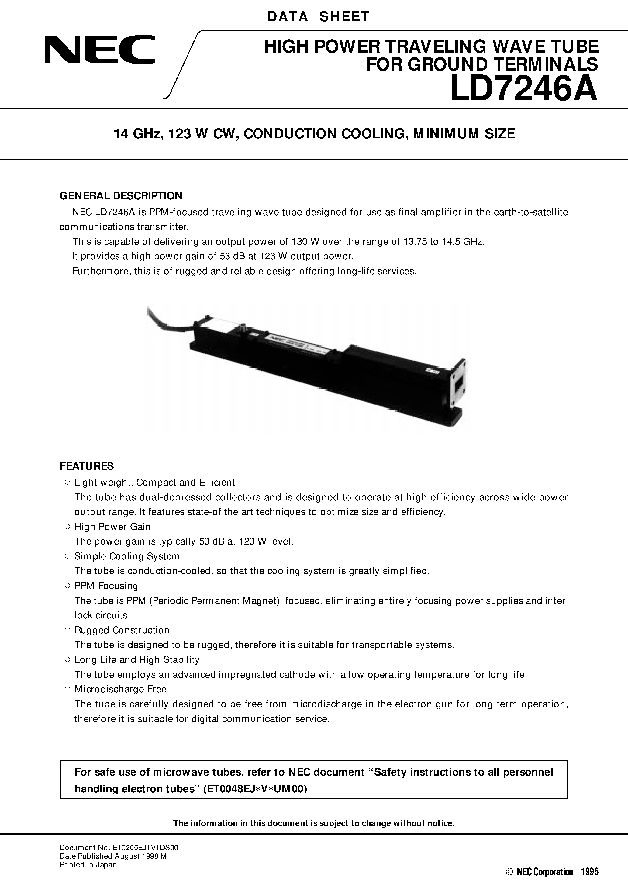 Datasheet LD7246 - 14 GHz / 123 W CW / CONDUCTION COOLING / MINIMUM SIZE page 1