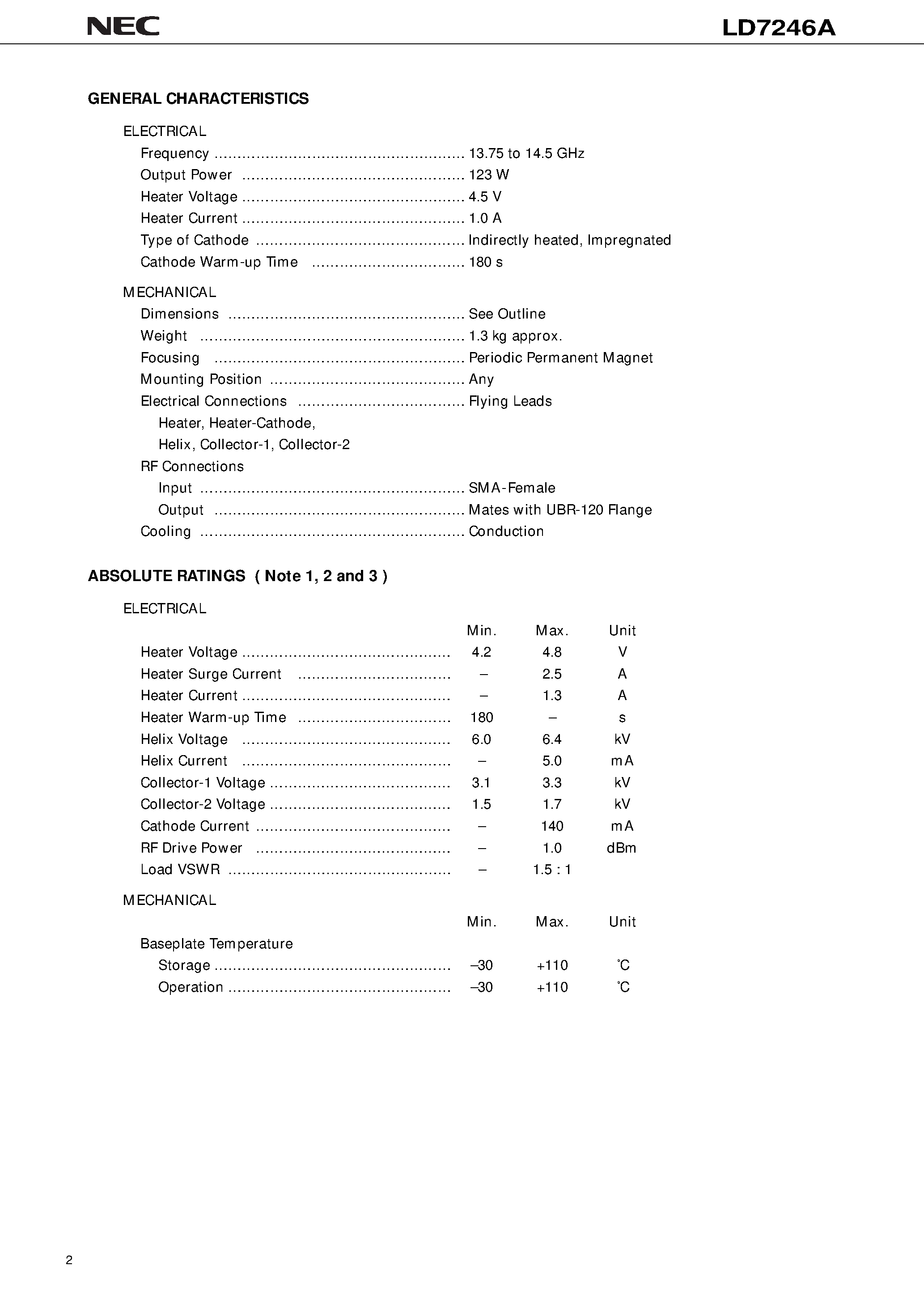 Datasheet LD7246A - 14 GHz / 123 W CW / CONDUCTION COOLING / MINIMUM SIZE page 2