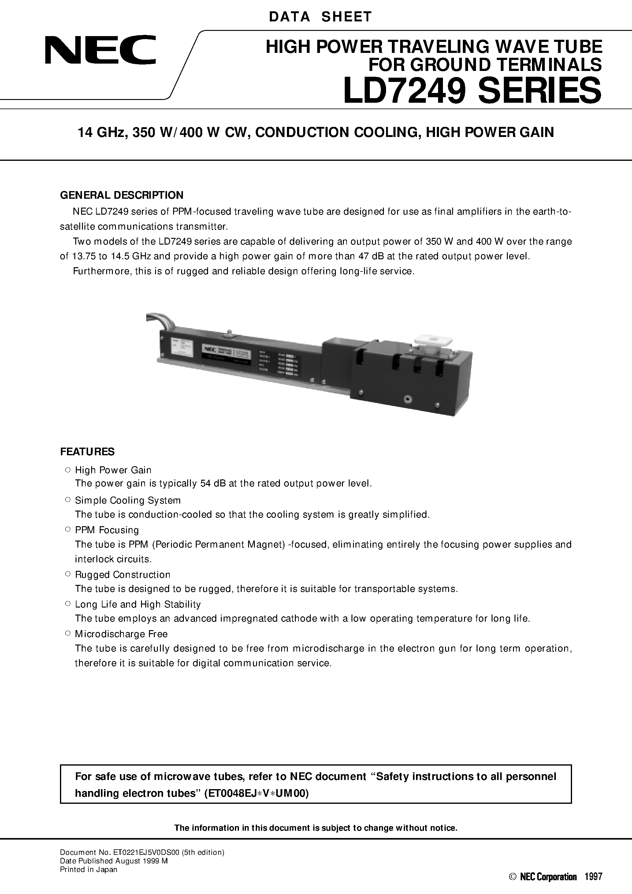 Datasheet LD7249 - 14 GHz / 350 W/400 W CW / CONDUCTION COOLING / HIGH POWER GAIN page 1