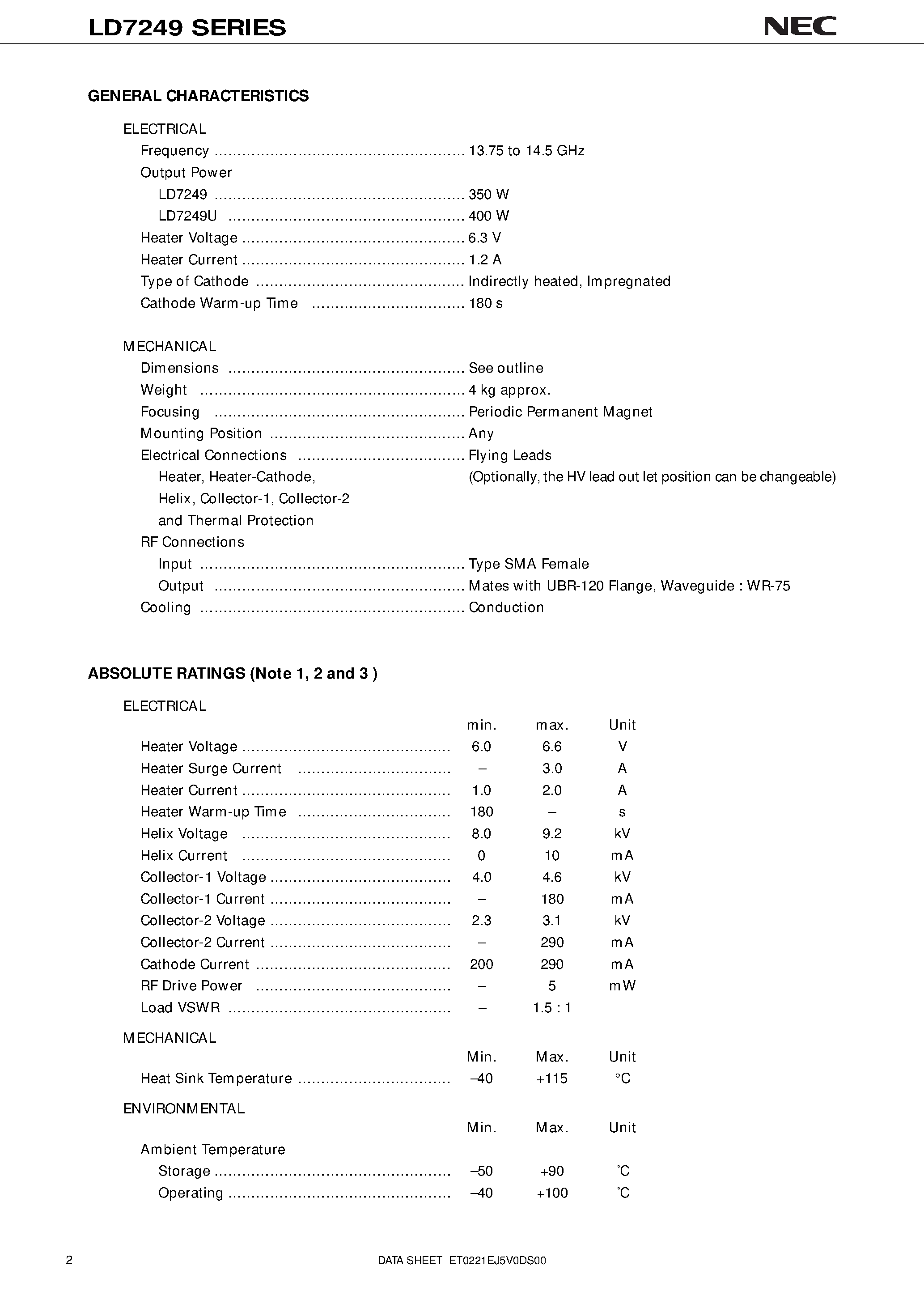 Datasheet LD7249U page 2 Datasheet LD7249U - 14 GHz / 350 W/400 W CW / CONDUCTION COOLING / HIGH POWER GAIN page 2