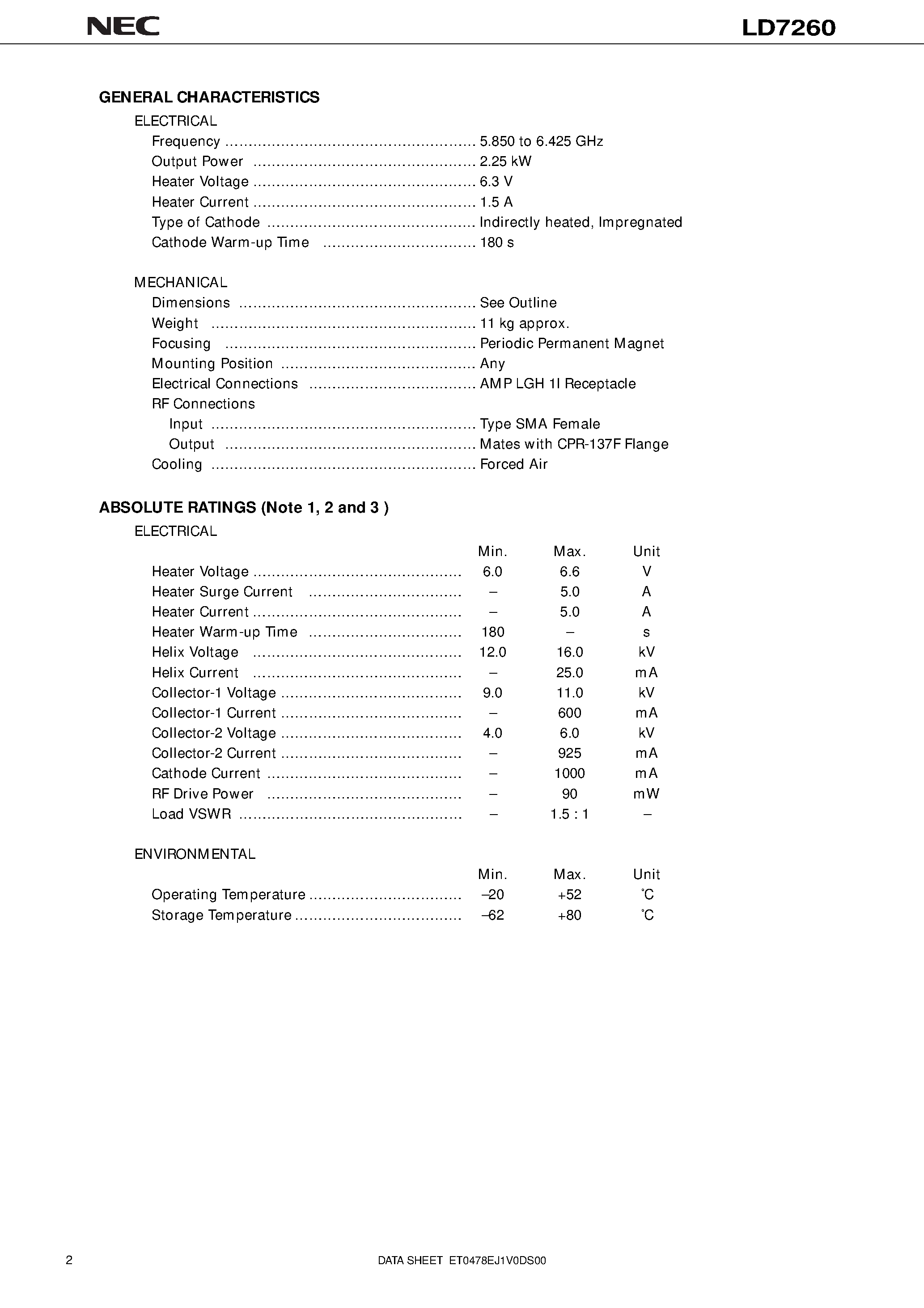 Datasheet LD7260 page 2 Datasheet LD7260 - 6 GHz / 2.25 kW CW / PPM FOCUSING / HIGH POWER GAIN page 2