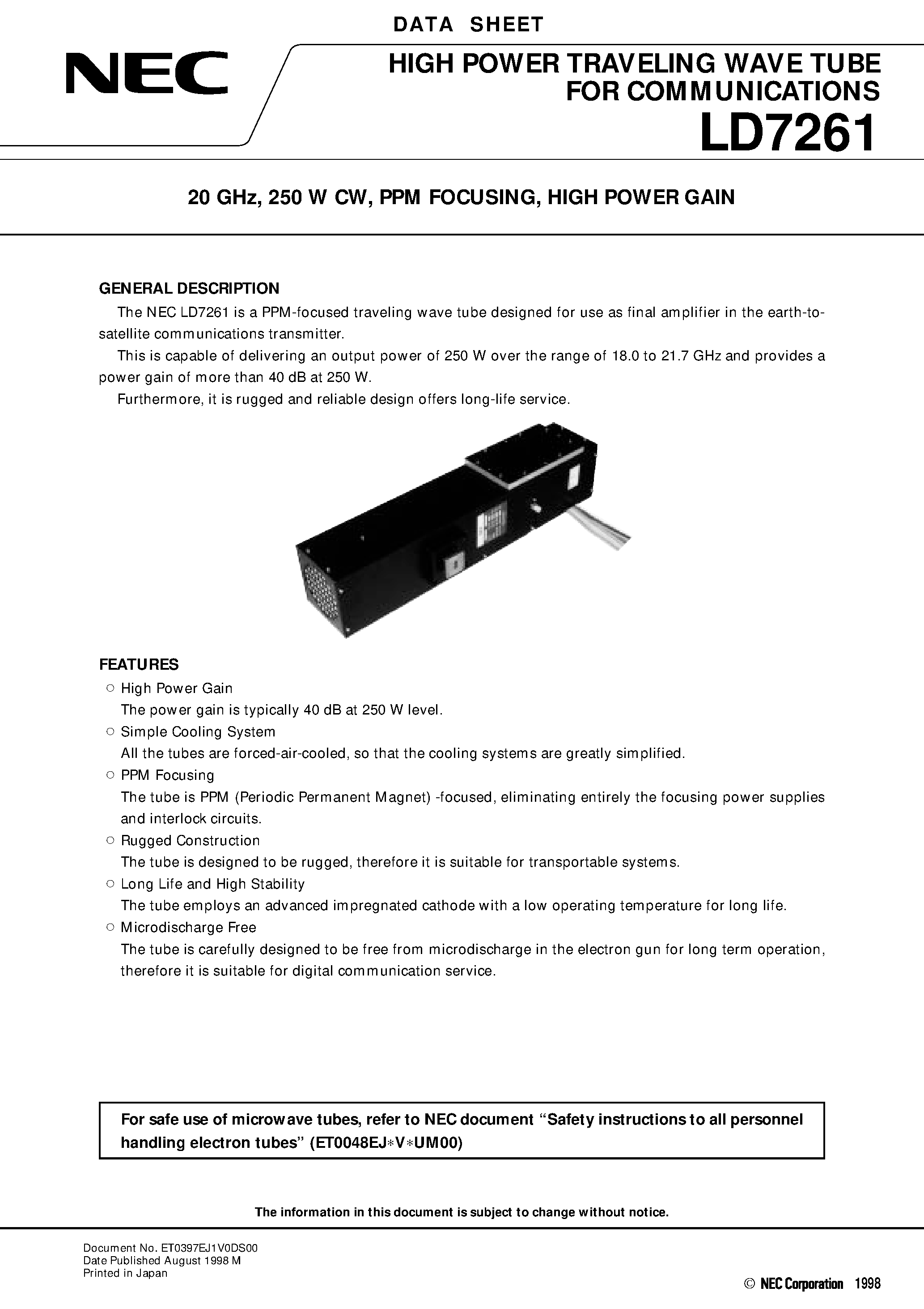 Datasheet LD7261 page 1 Datasheet LD7261 - 20 GHz / 250 W CW / PPM FOCUSING / HIGH POWER GAIN page 1