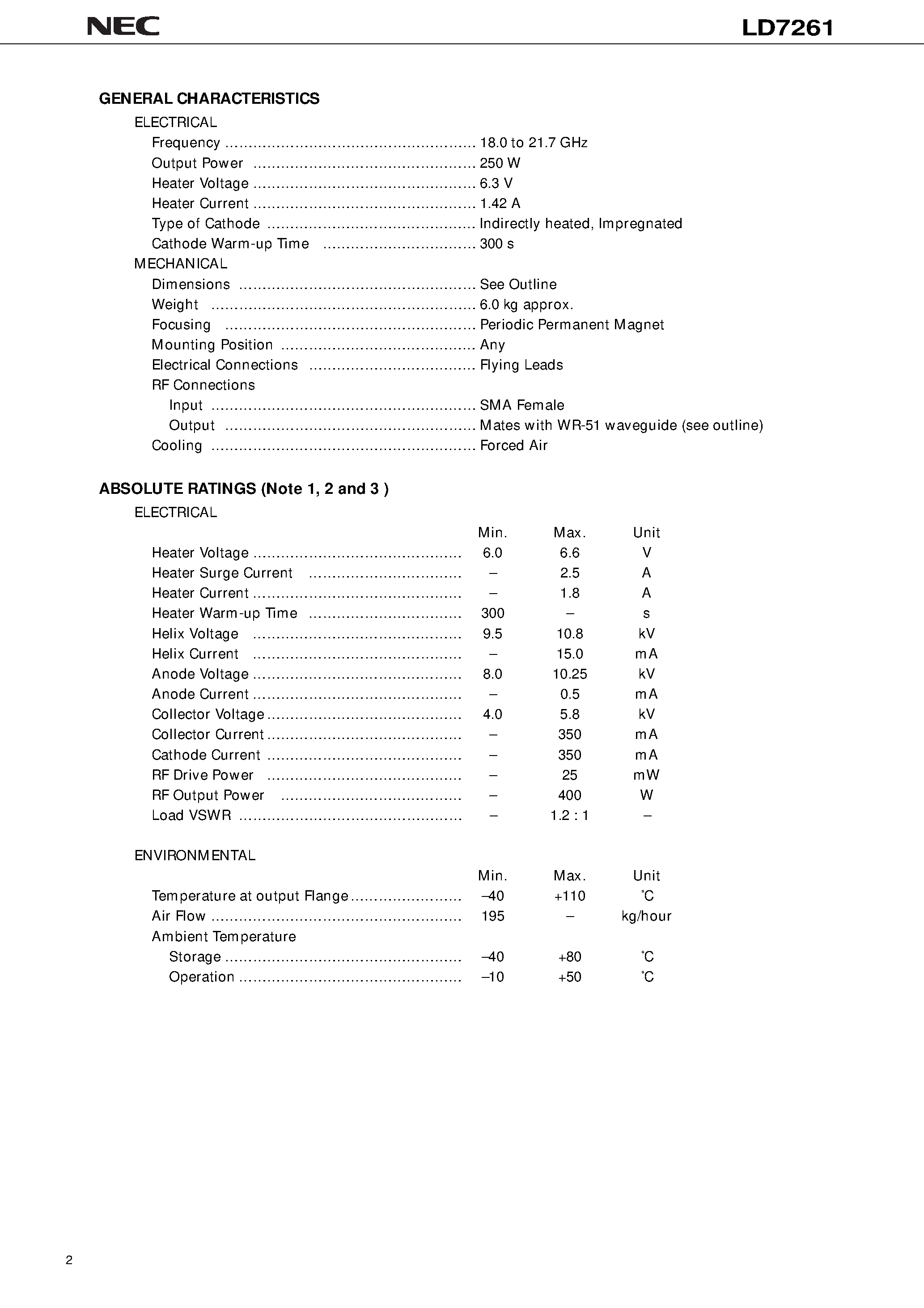 Datasheet LD7261 page 2 Datasheet LD7261 - 20 GHz / 250 W CW / PPM FOCUSING / HIGH POWER GAIN page 2