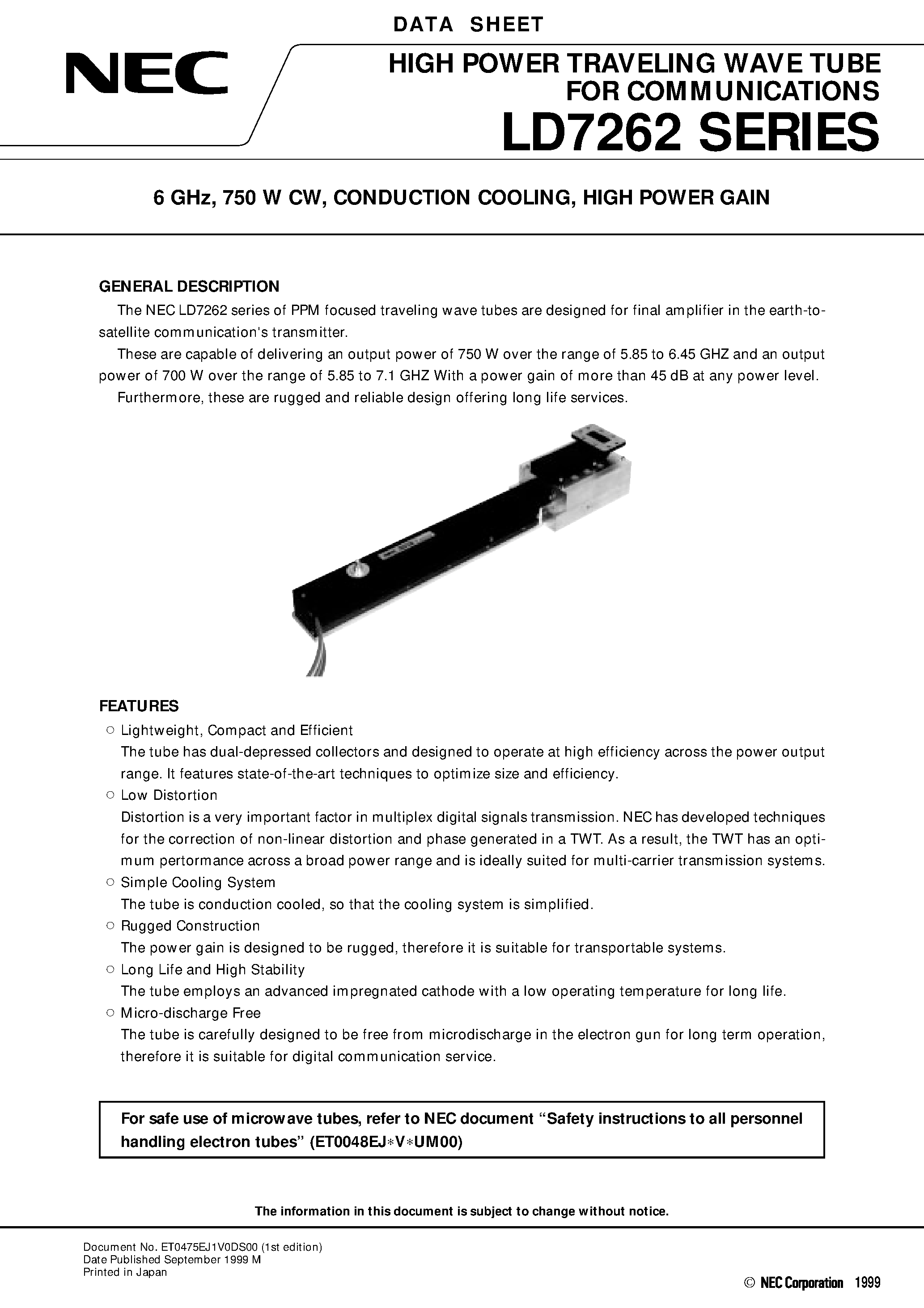Datasheet LD7262 - 6 GHz / 750 W CW / CONDUCTION COOLING / HIGH POWER GAIN page 1